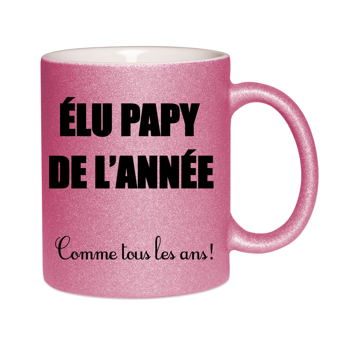 Mug paillettes rose personnalisé Elu papy de l'annee