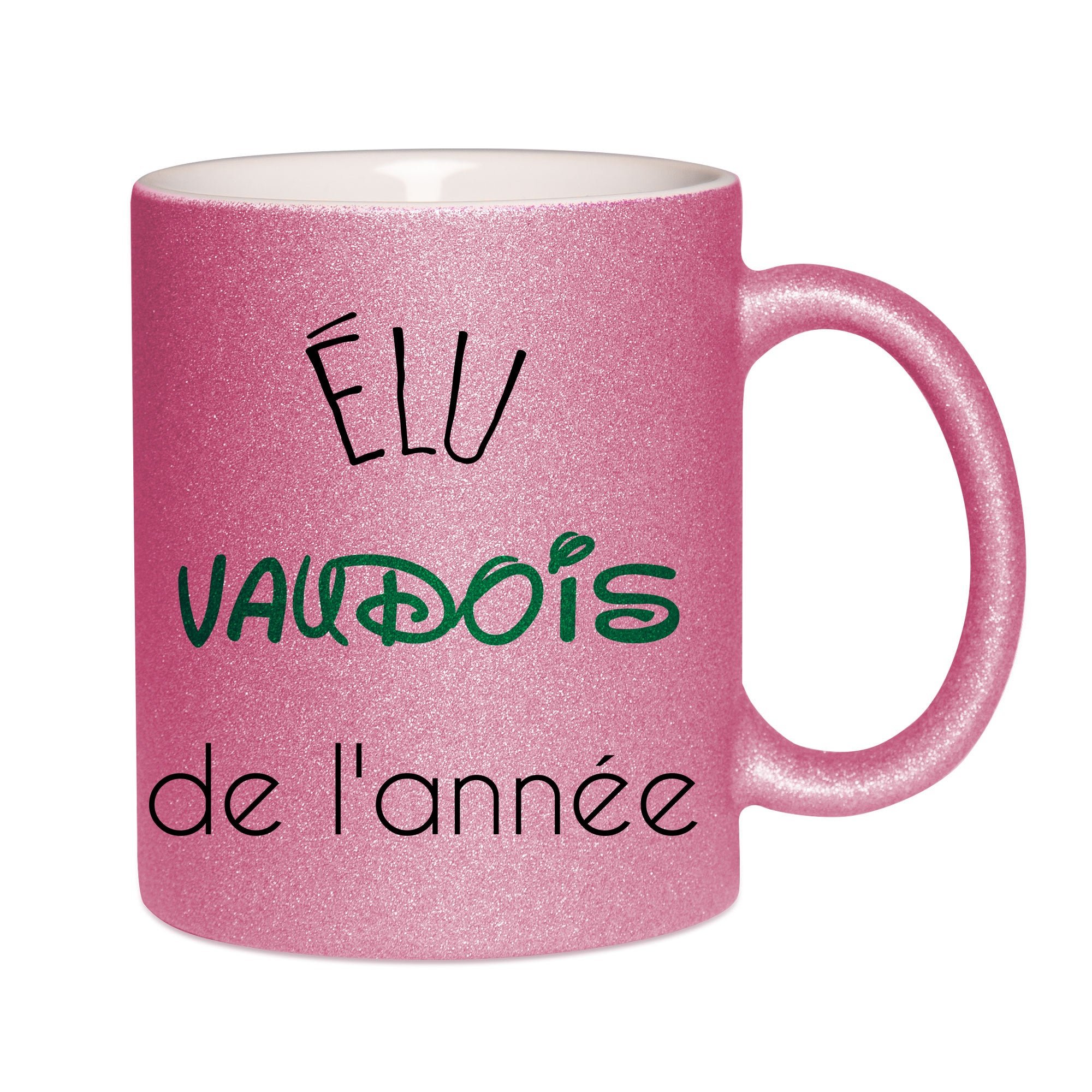 Mug paillettes rose personnalisé Elu vaudois de l'annee