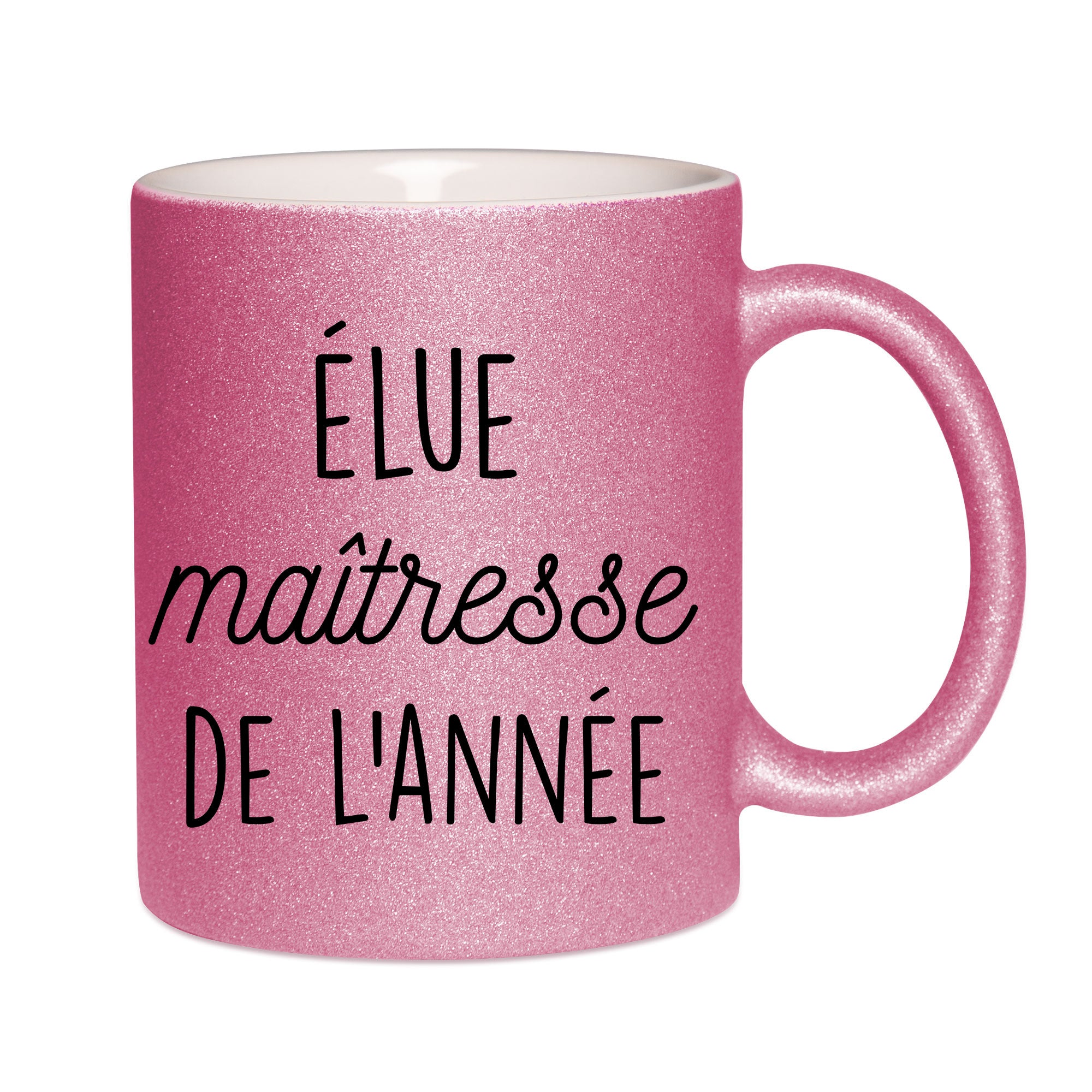 Mug paillettes rose personnalisé Elue maitresse de l'année