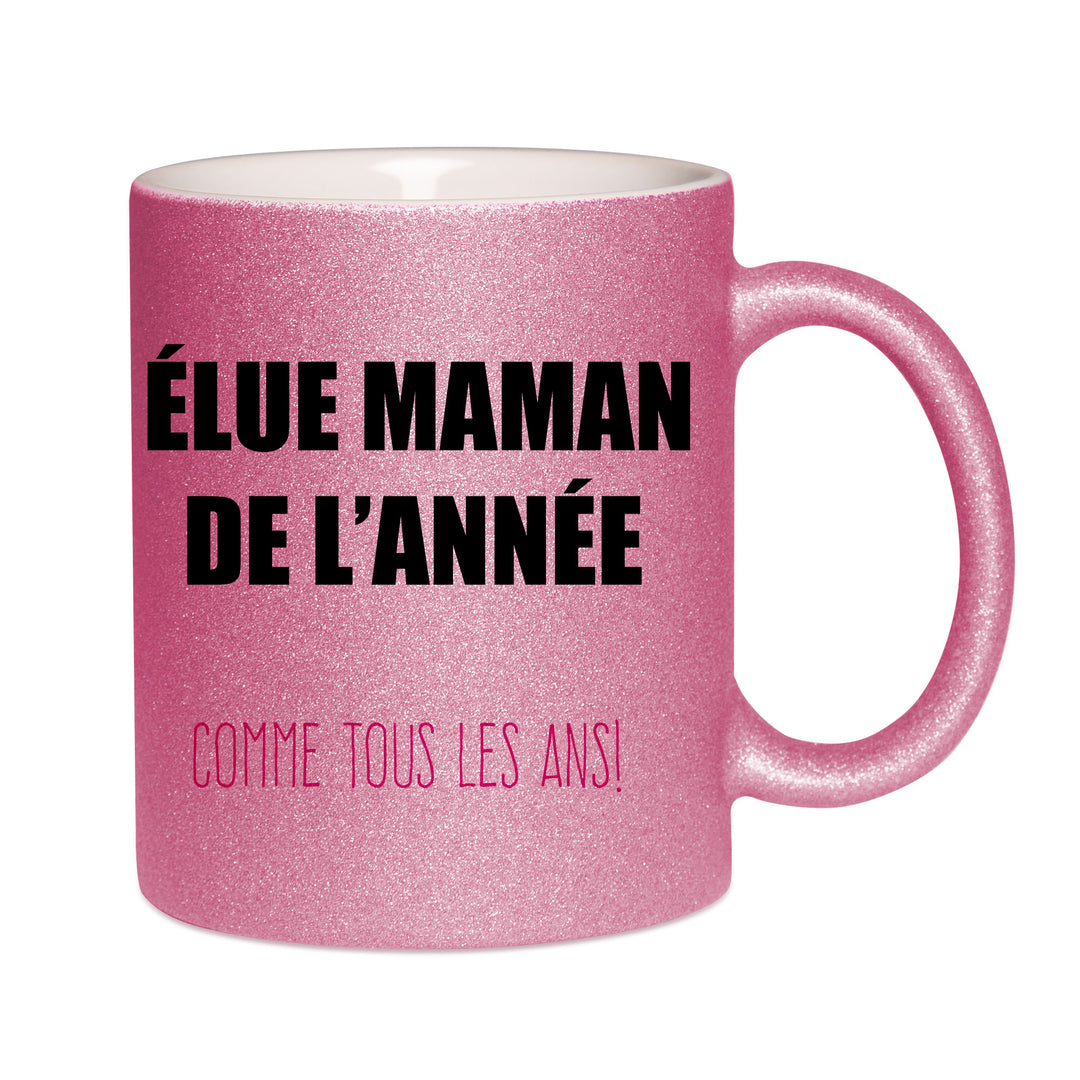 Mug paillettes rose personnalisé Elue maman de l'annee 2