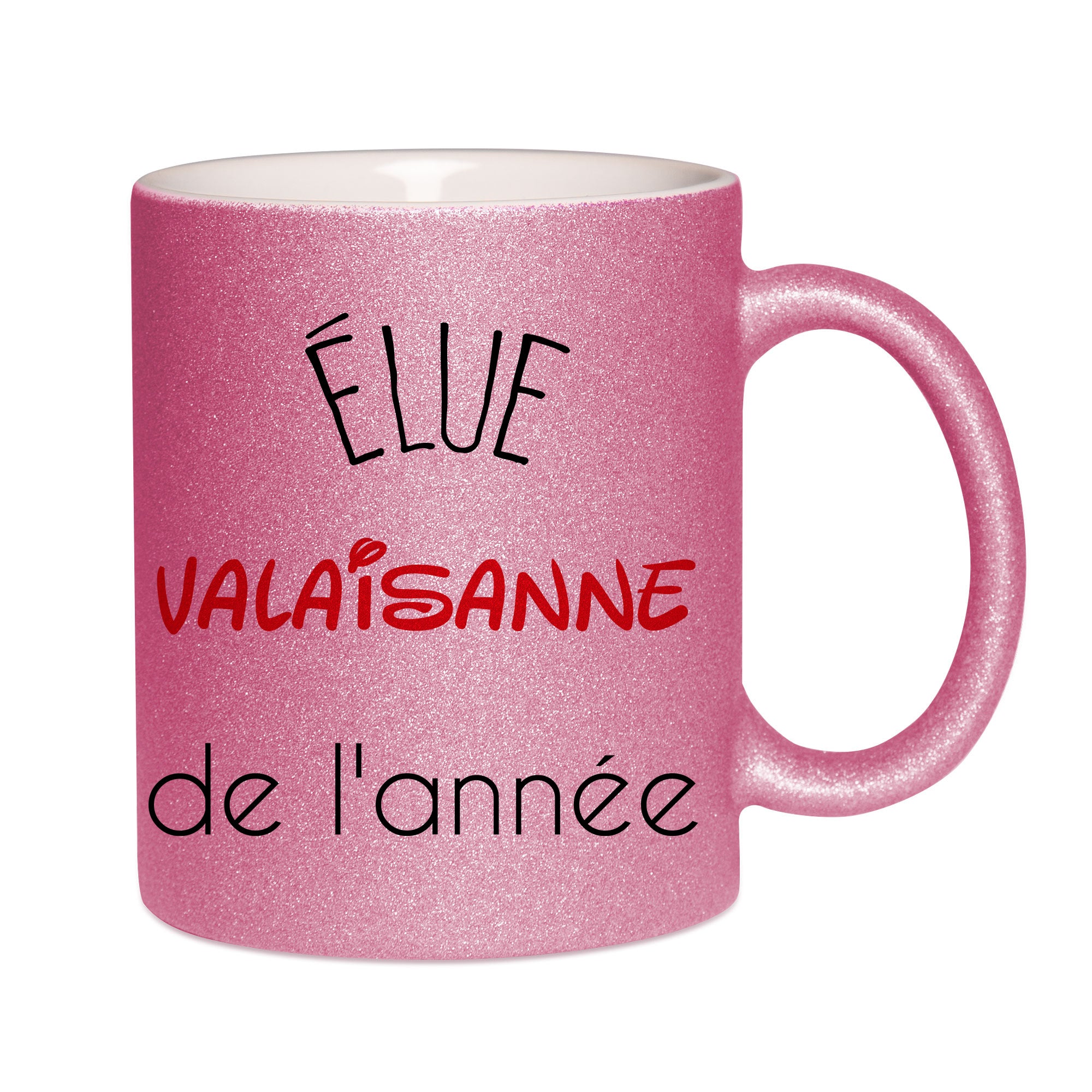 Mug paillettes rose personnalisé Elue valaisanne de l'annee