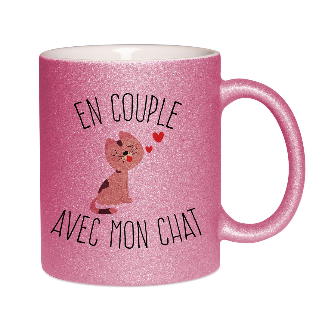Mug paillettes rose personnalisé En couple avec mon chat