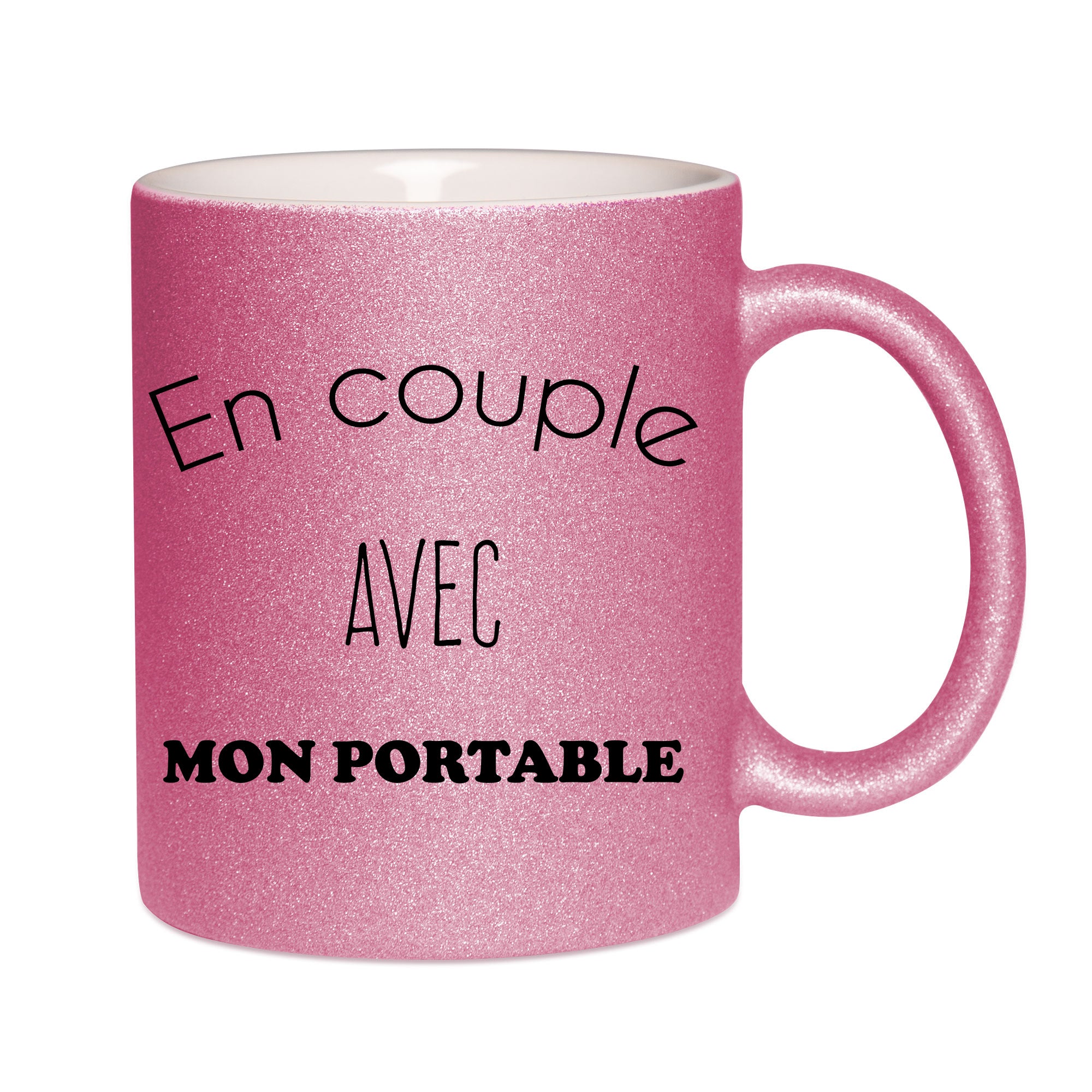 Mug paillettes rose personnalisé En couple avec mon portable