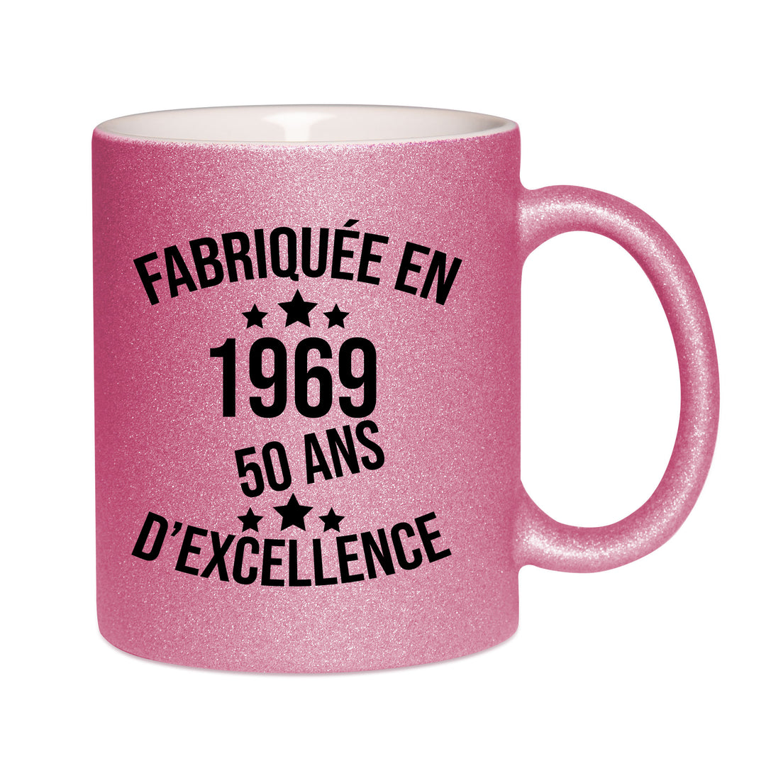 Mug paillettes rose personnalisé Fabriquee en 1969