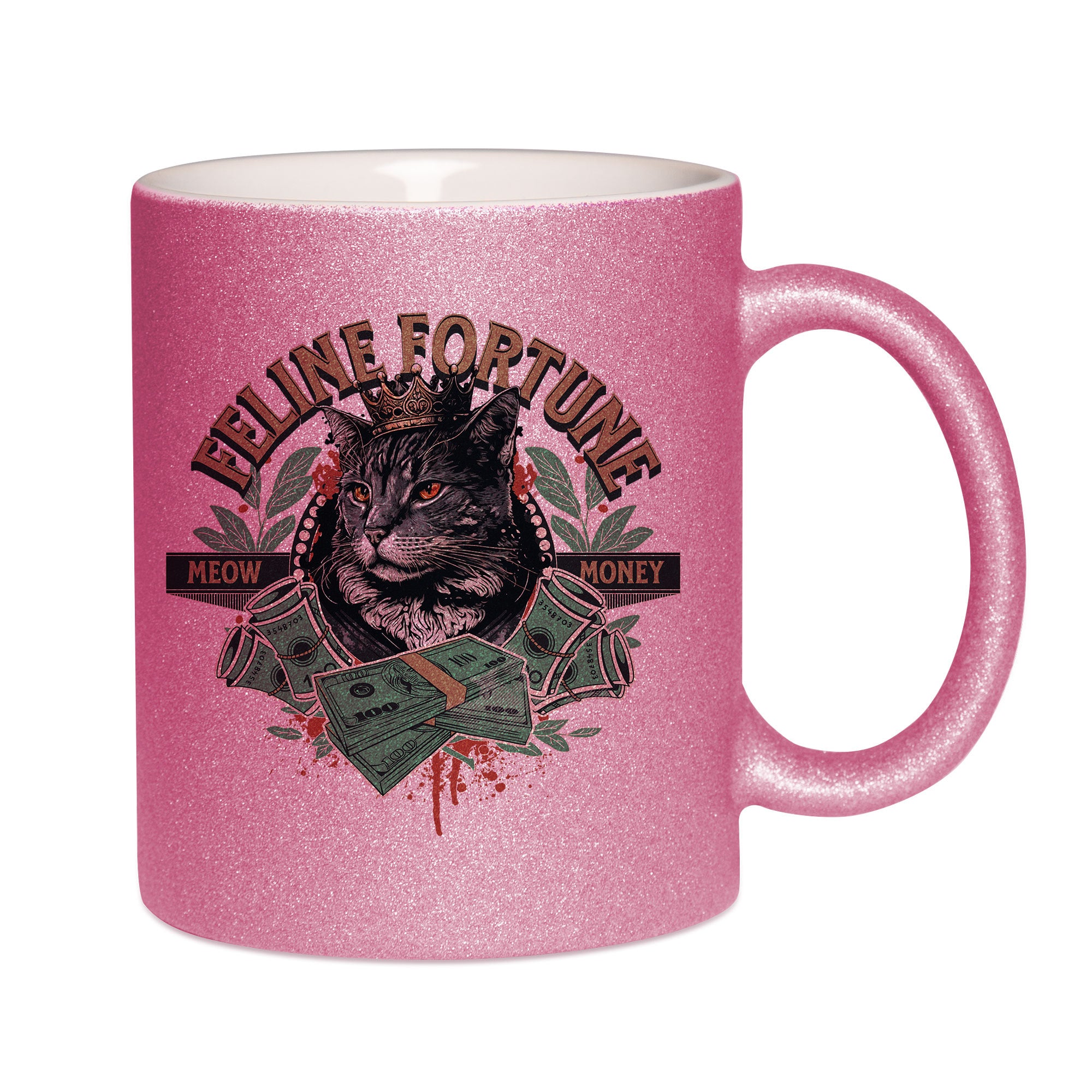 Mug paillettes rose personnalisé Feline fortune