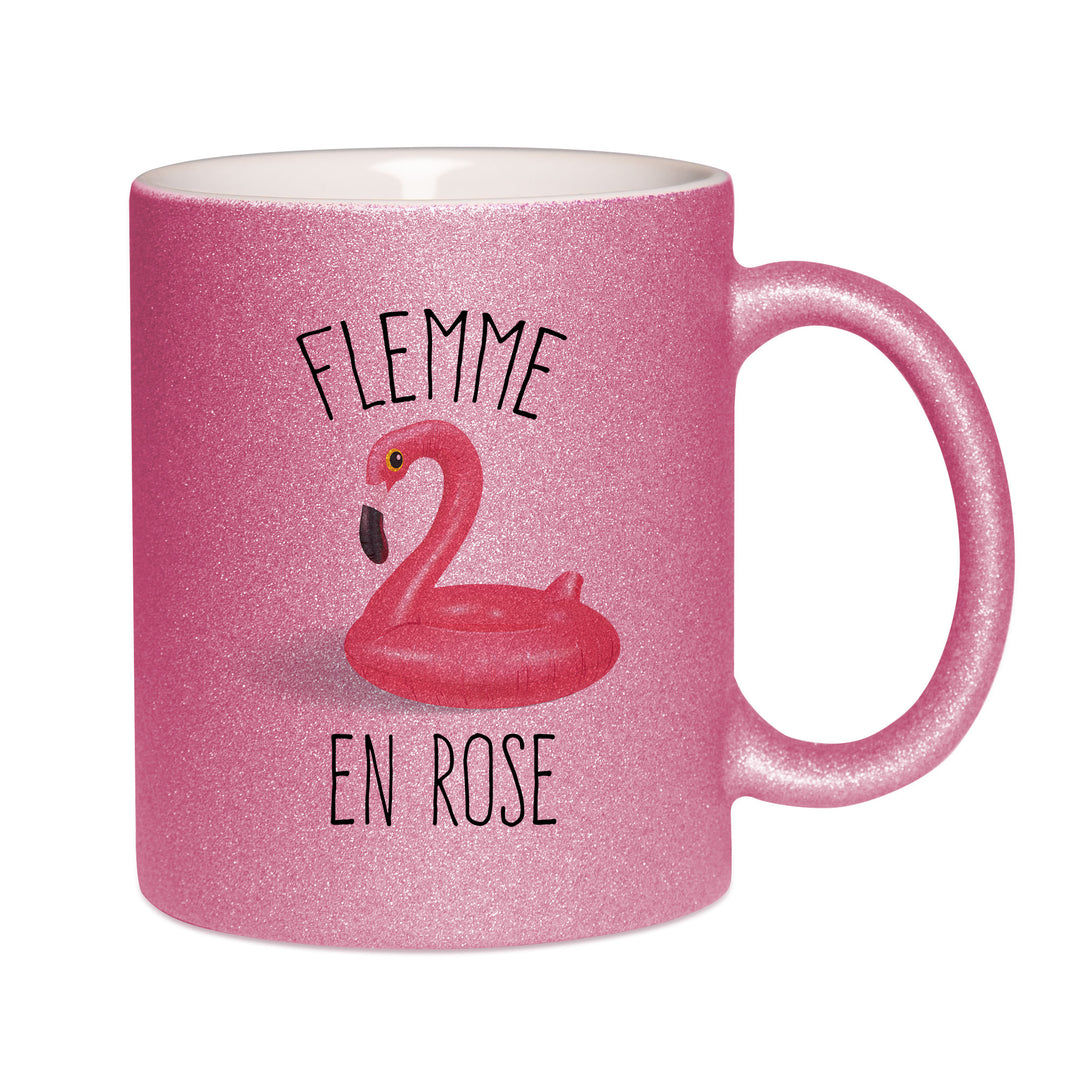 Mug paillettes rose personnalisé Flemme en rose