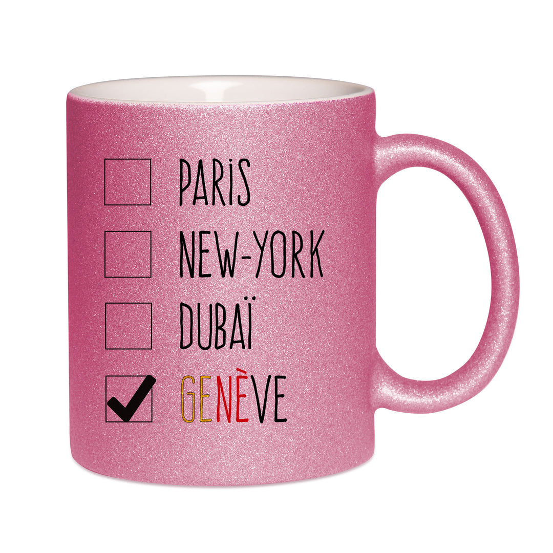 Mug paillettes rose personnalisé Genève