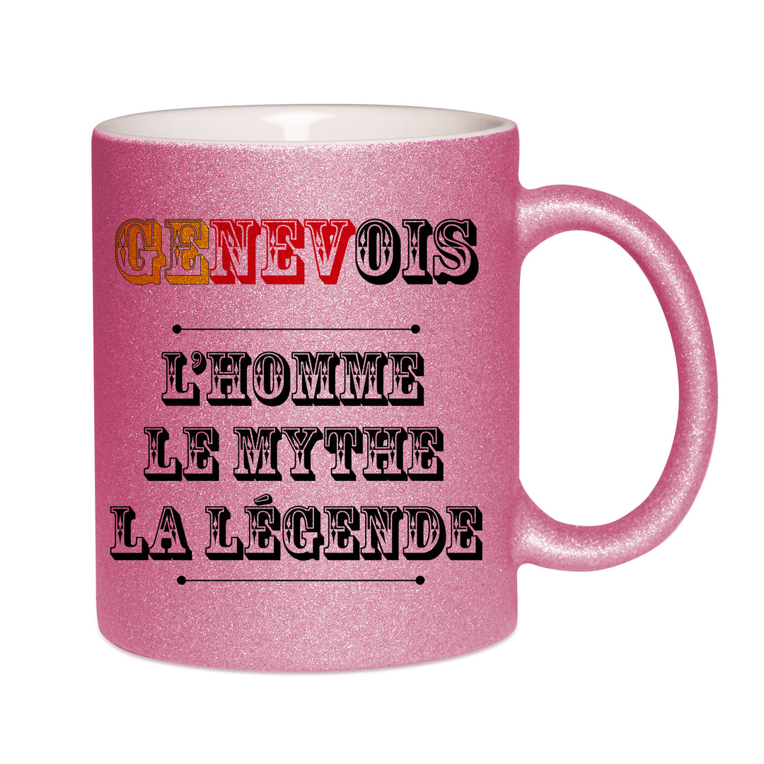 Mug paillettes rose personnalisé Genevois l'homme le mythe la légende