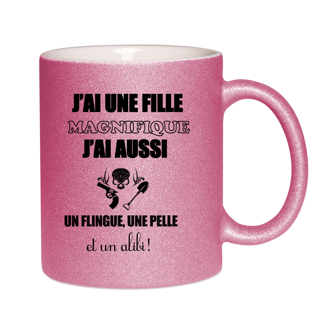 Mug paillettes rose personnalisé J'ai une fille magnifique