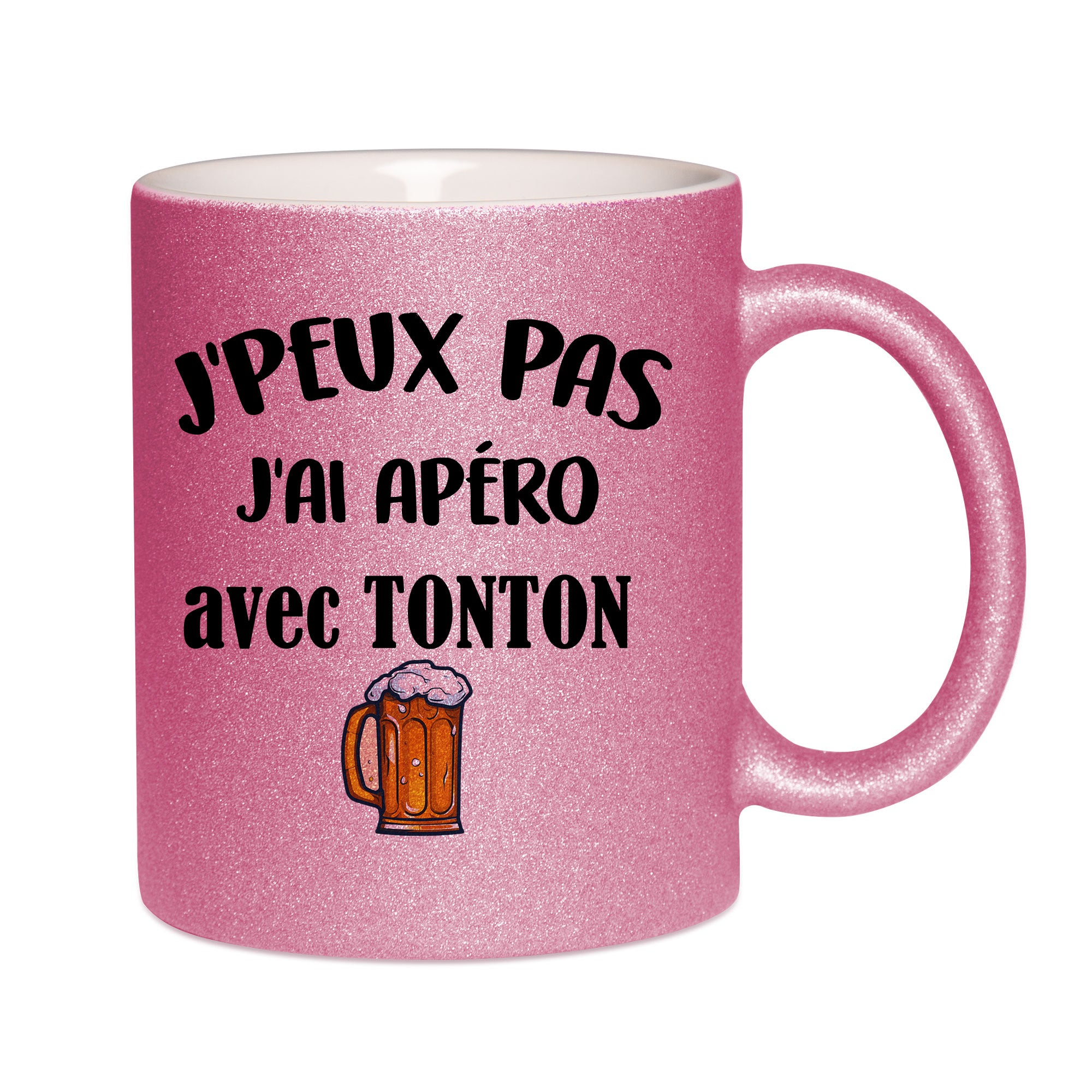 Mug paillettes rose personnalisé J'peux pas j'ai apéro avec tonton