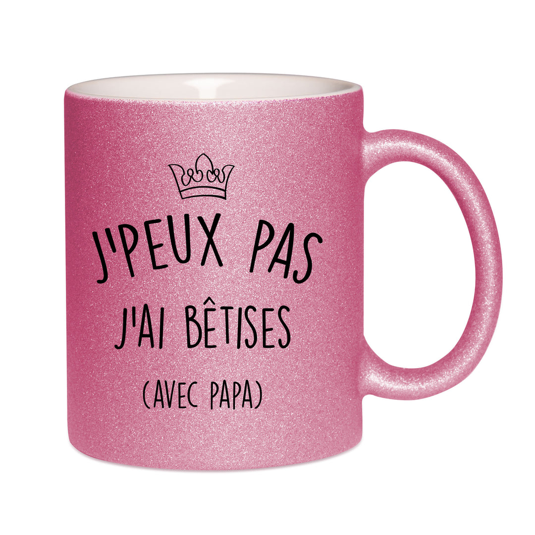 Mug paillettes rose personnalisé J'peux pas j'ai bêtises