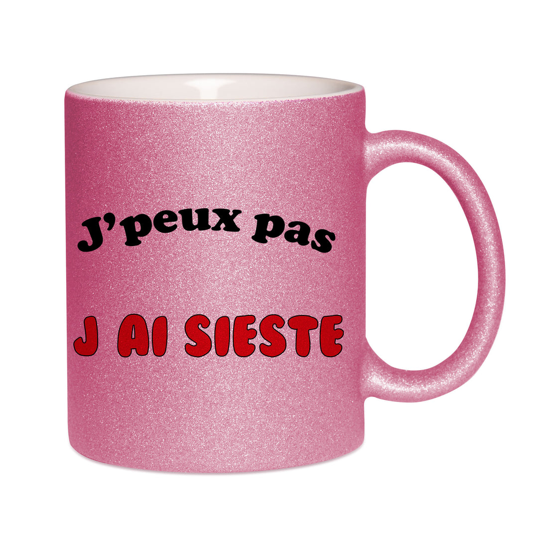 Mug paillettes rose personnalisé J'peux pas j'ai sieste