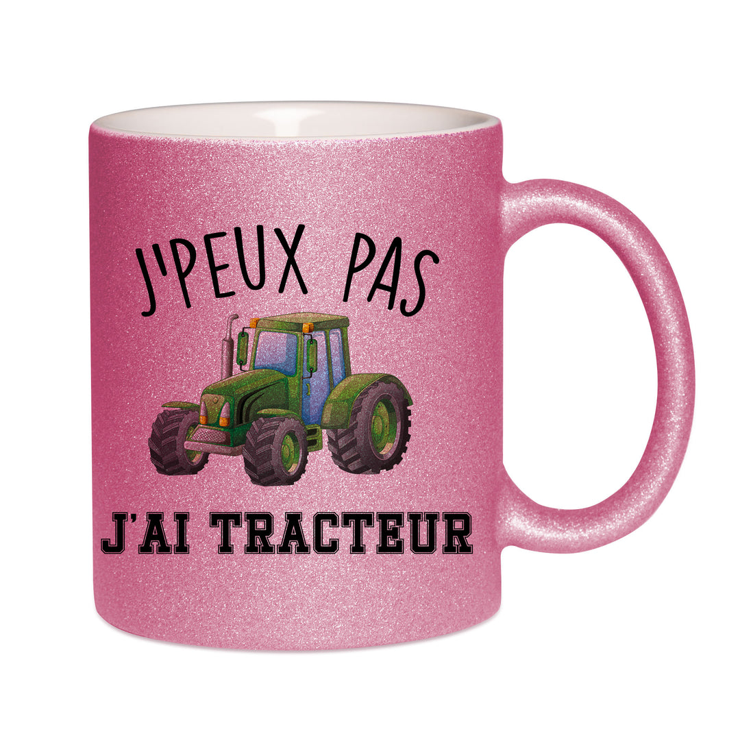 Mug paillettes rose personnalisé J'peux pas j'ai tracteur