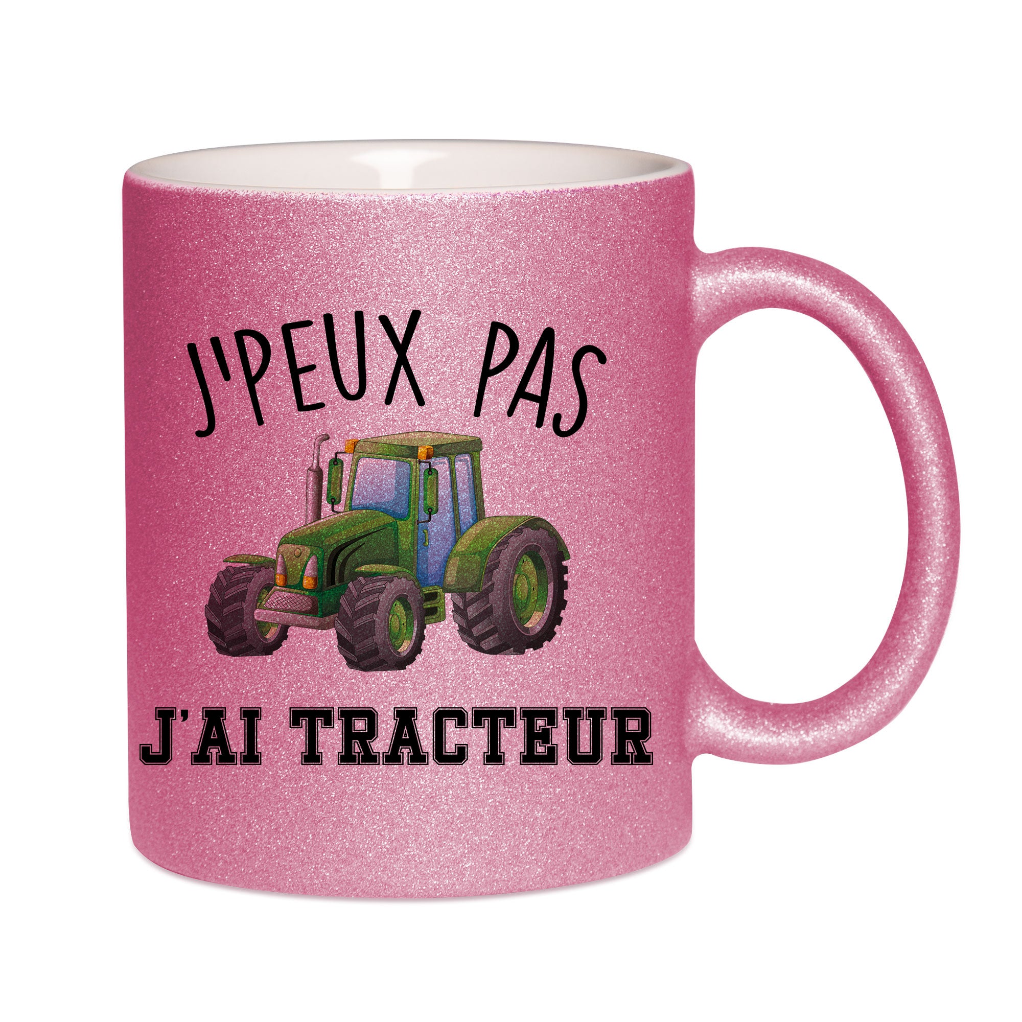Mug paillettes rose personnalisé J'peux pas j'ai tracteur