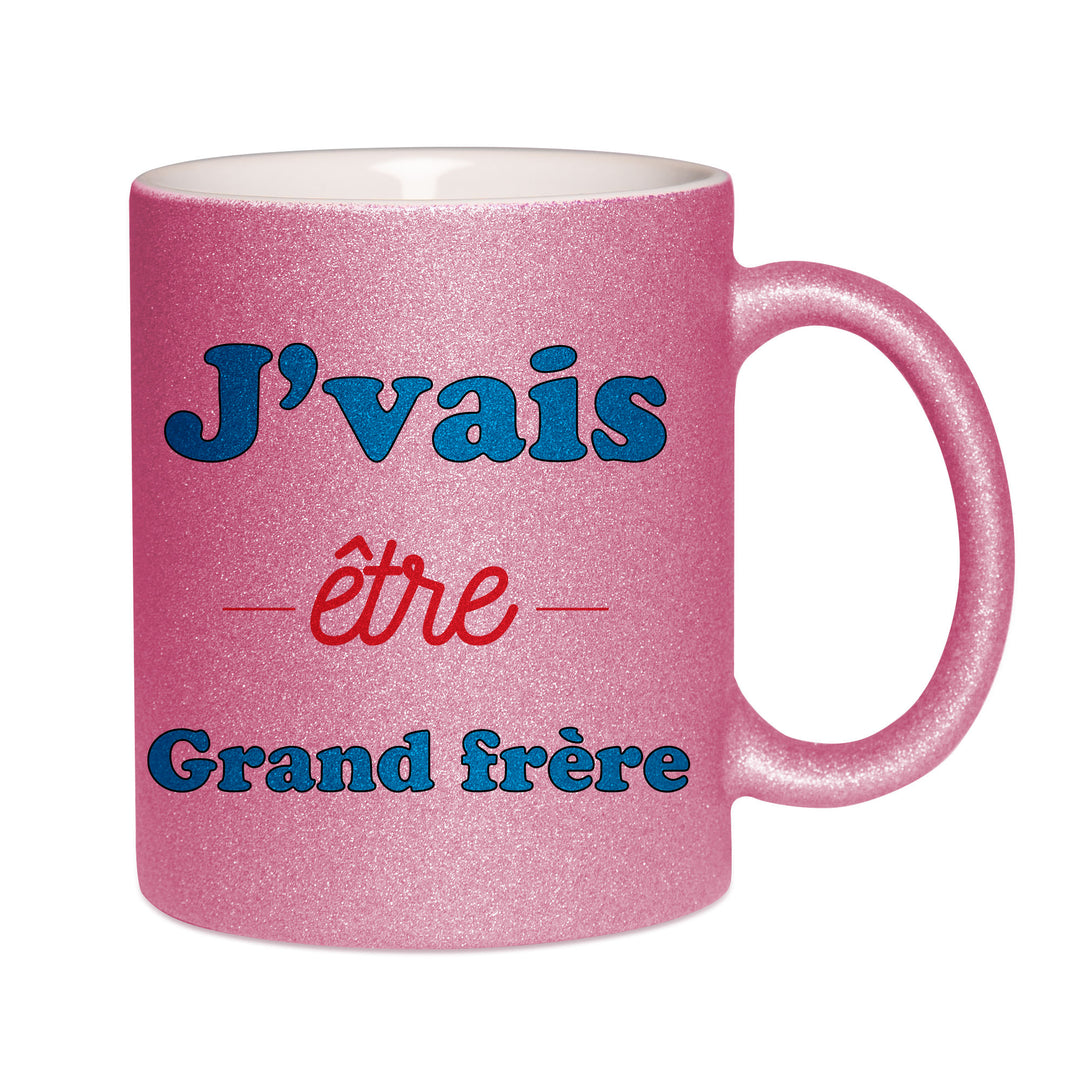 Mug paillettes rose personnalisé J'vais etre grand frere