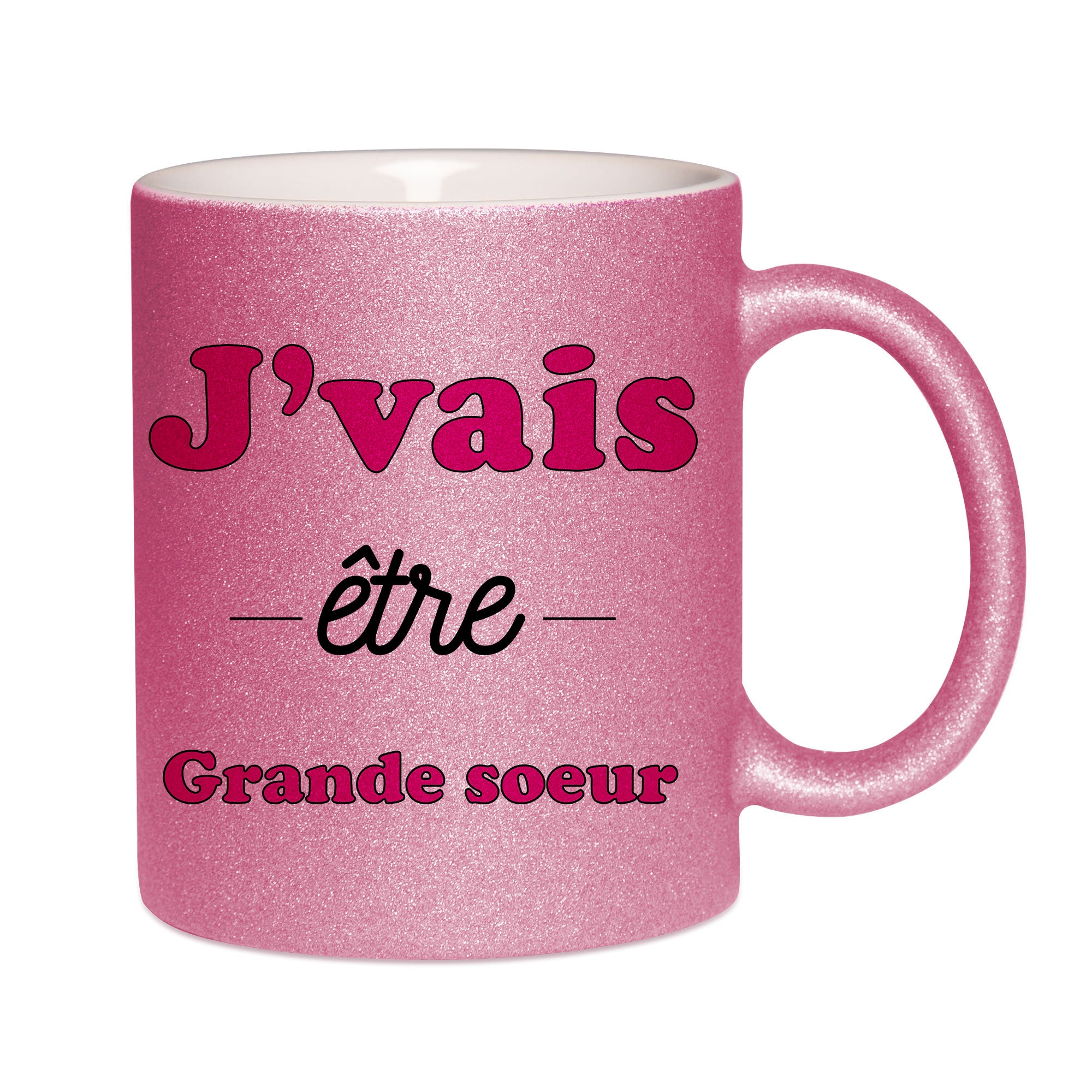 Mug paillettes rose personnalisé J'vais etre grande soeur