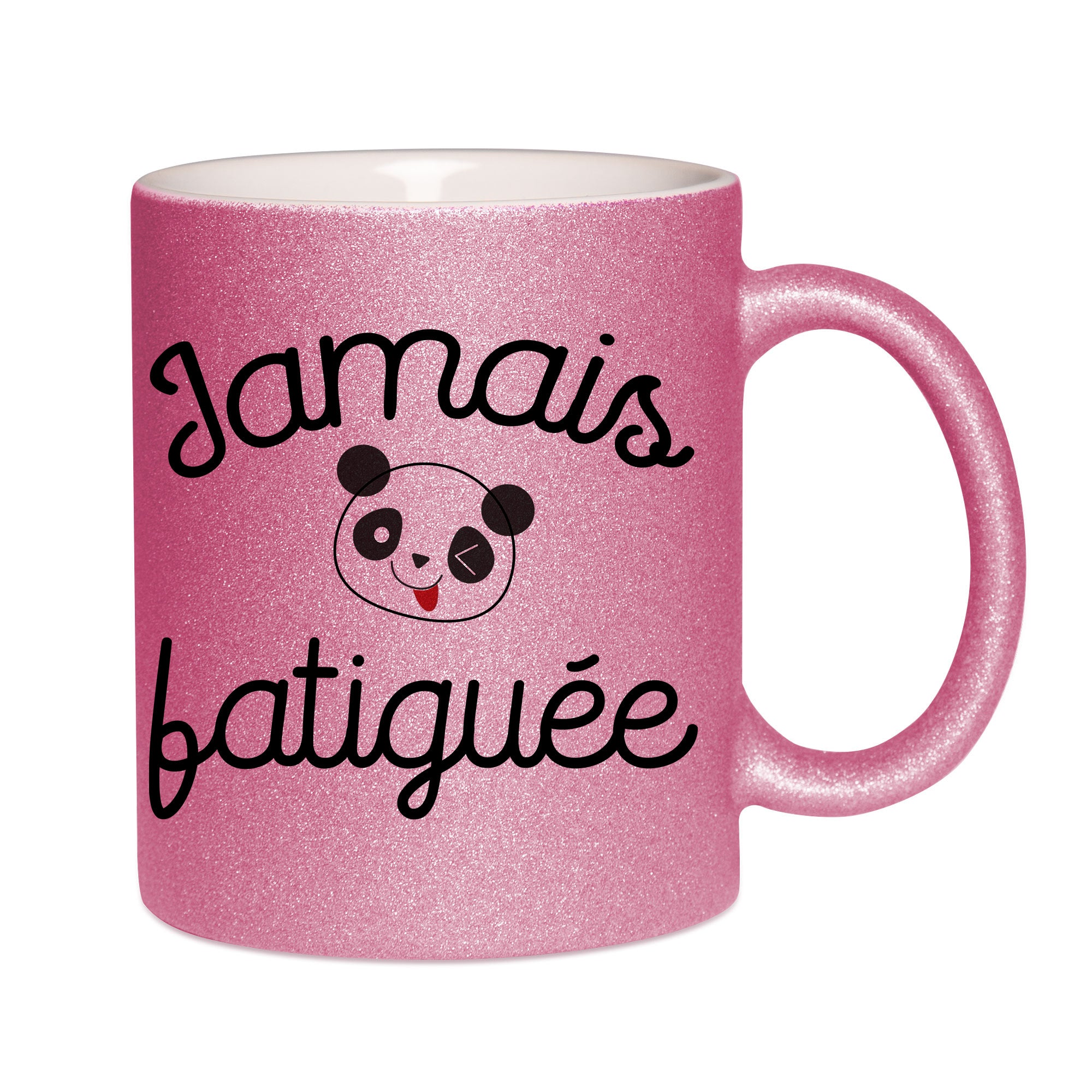 Mug paillettes rose personnalisé Jamais fatigue v3