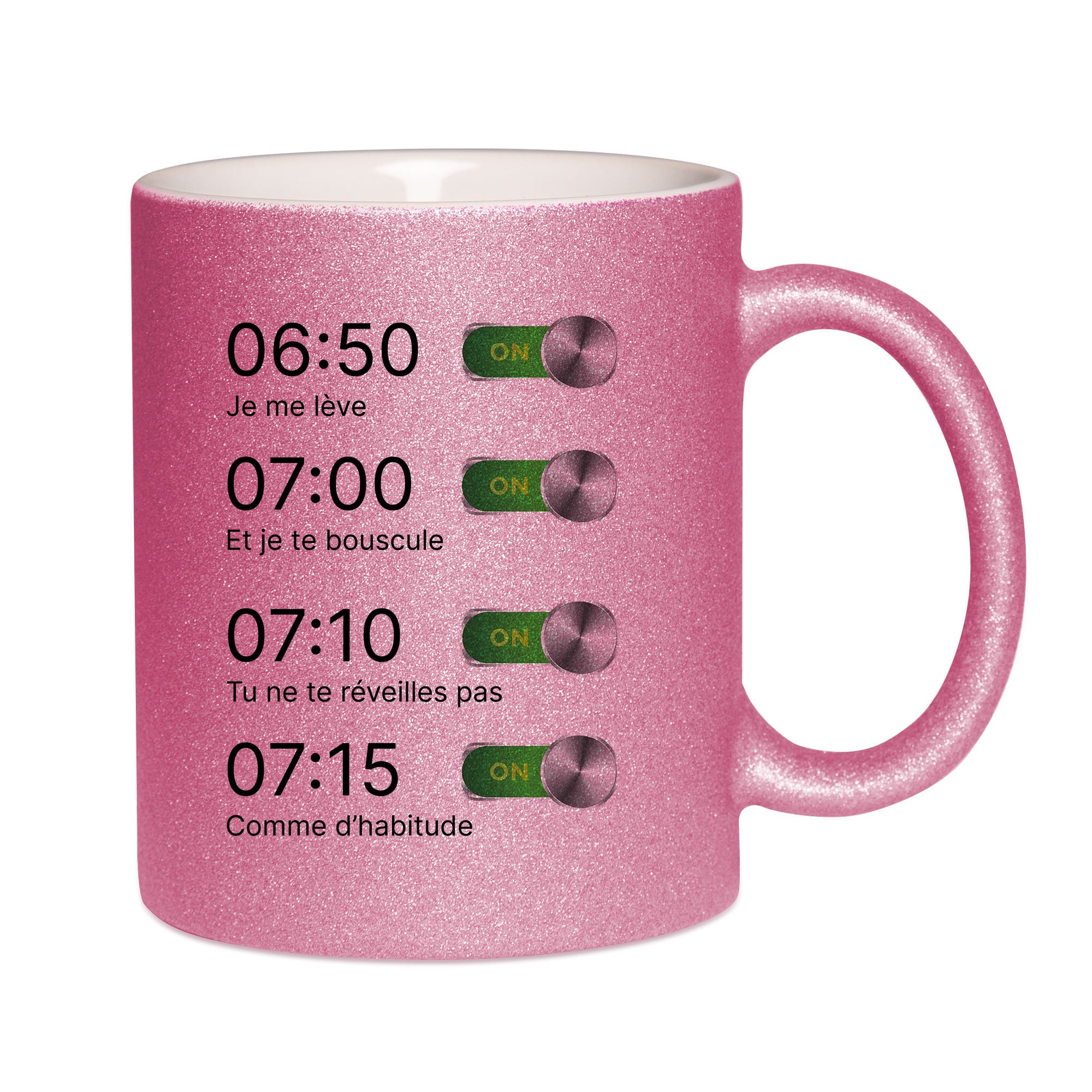 Mug paillettes rose personnalisé Je me lève