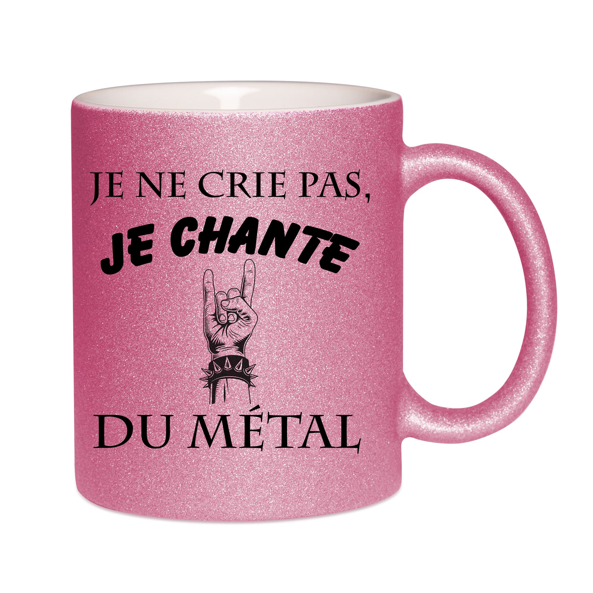 Mug paillettes rose personnalisé Je ne crie pas je chante du métal