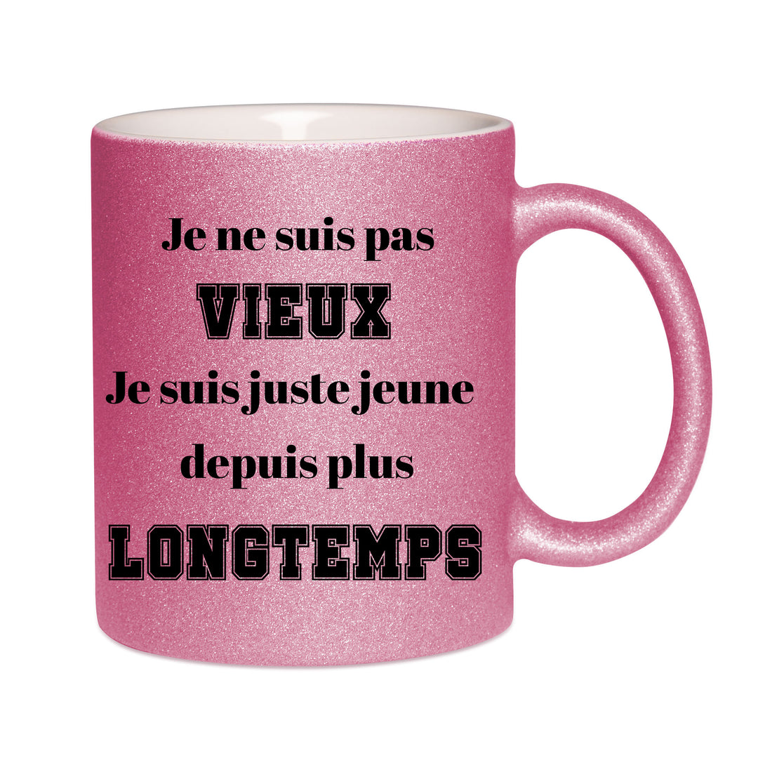 Mug paillettes rose personnalisé Je ne suis pas vieux V2