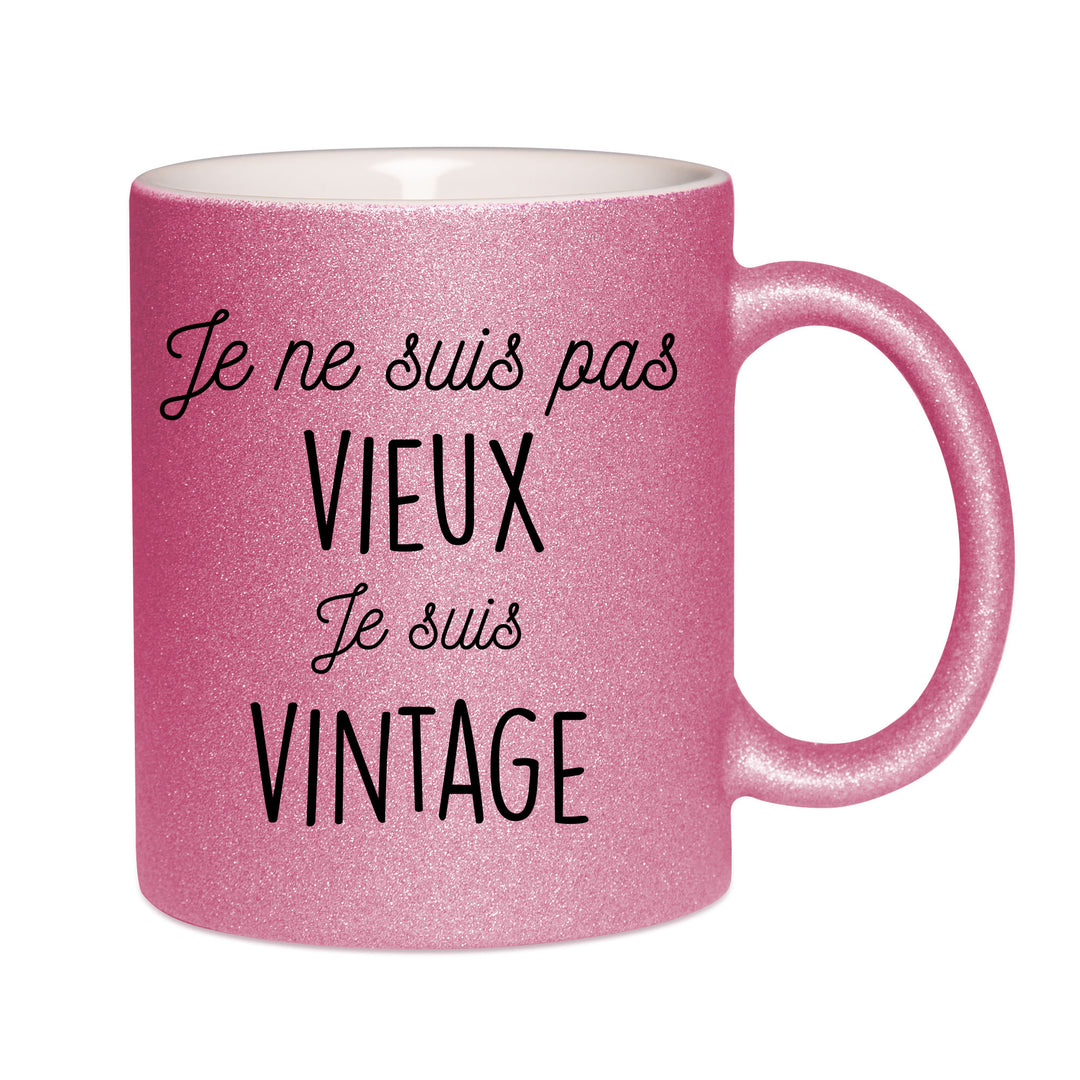 Mug paillettes rose personnalisé Je ne suis pas vieux je suis vintage