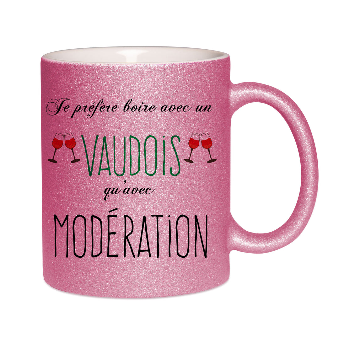 Mug paillettes rose personnalisé Je prefere boire avec un vaudois qu'avec moderation