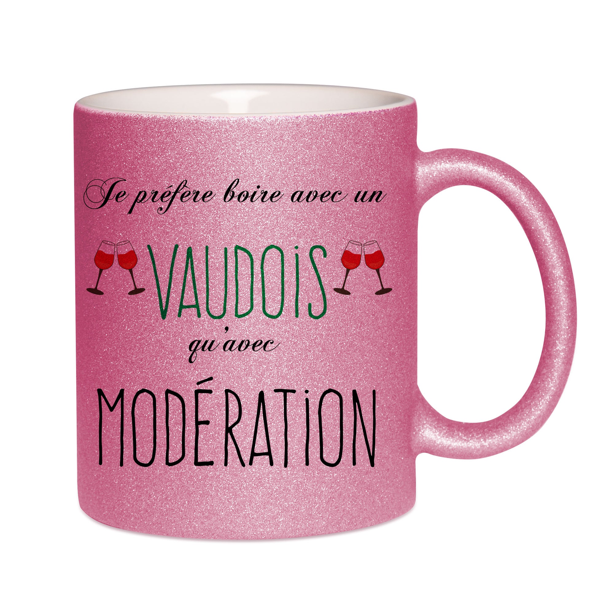 Mug paillettes rose personnalisé Je prefere boire avec un vaudois qu'avec moderation