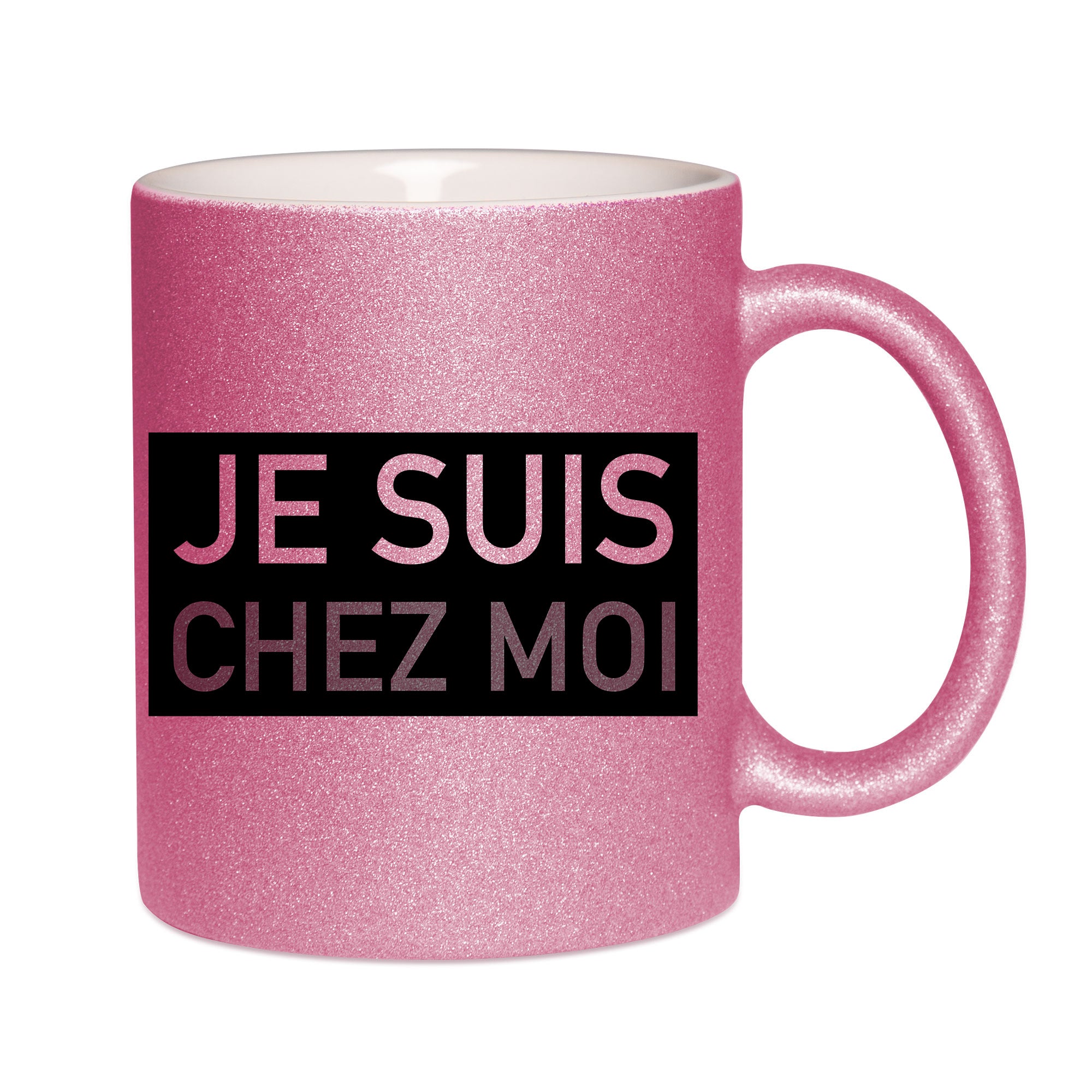 Mug paillettes rose personnalisé Je suis chez moi
