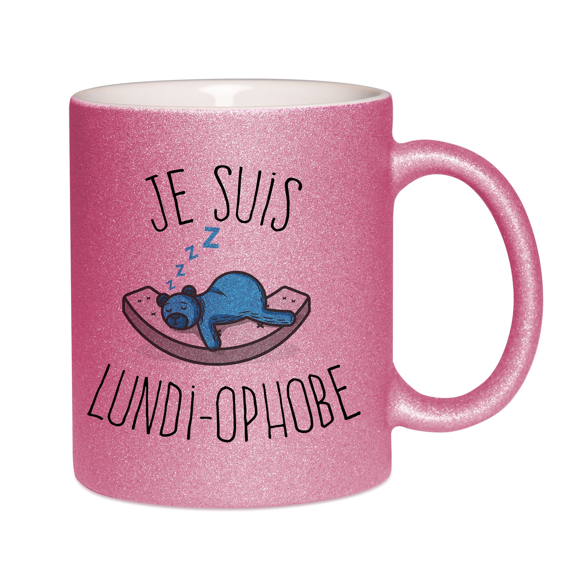 Mug paillettes rose personnalisé Je suis lundi ophobe