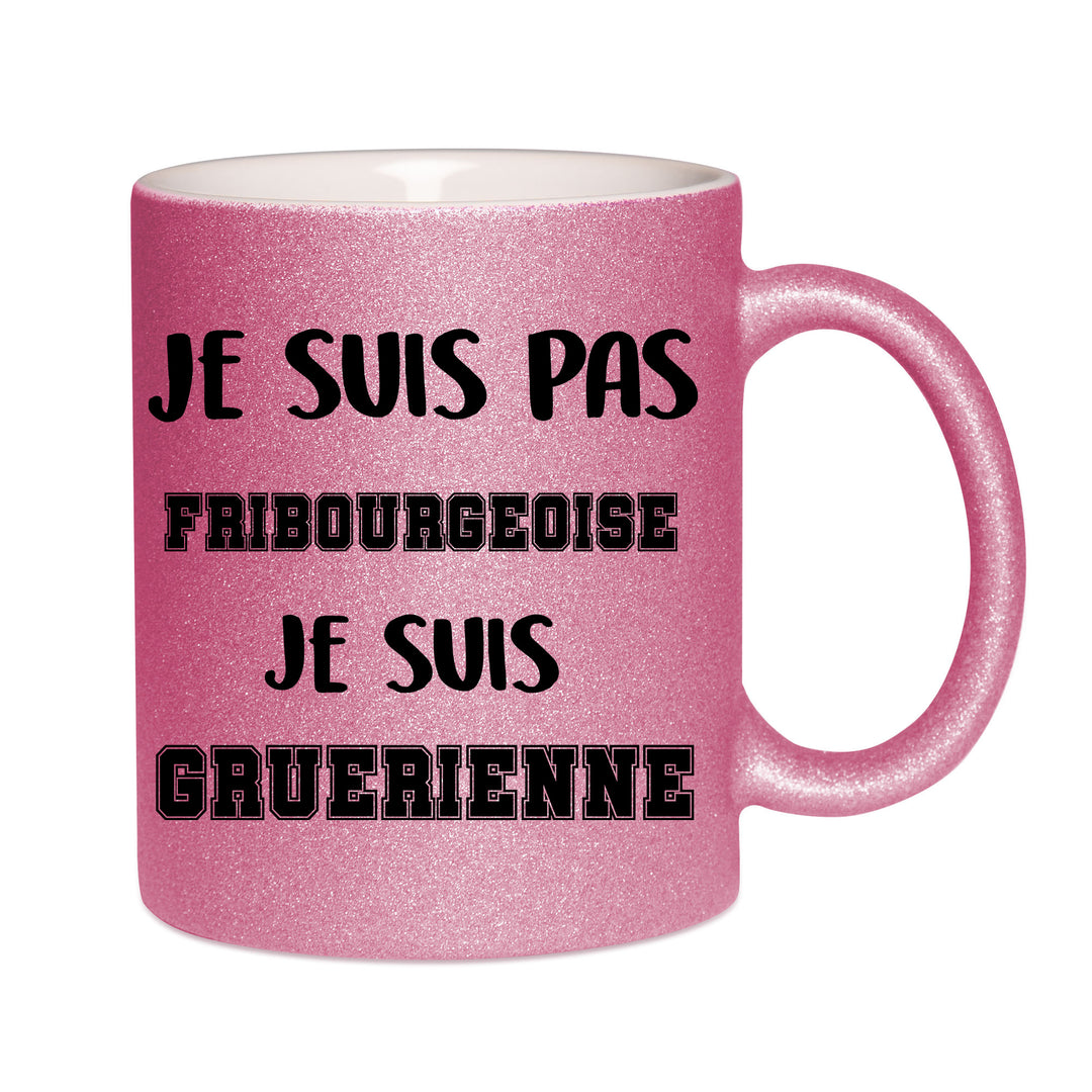Mug paillettes rose personnalisé Je suis pas Gruerienne