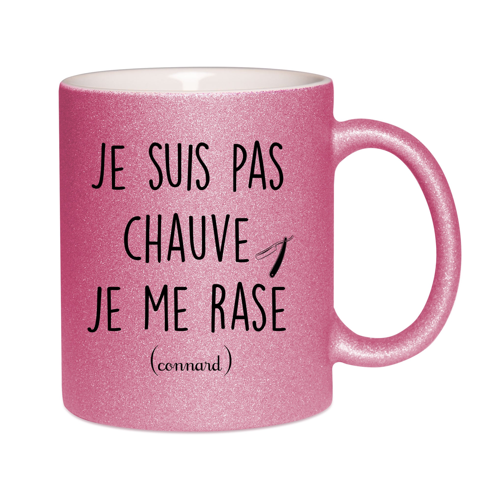 Mug paillettes rose personnalisé Je suis pas chauve je me rase