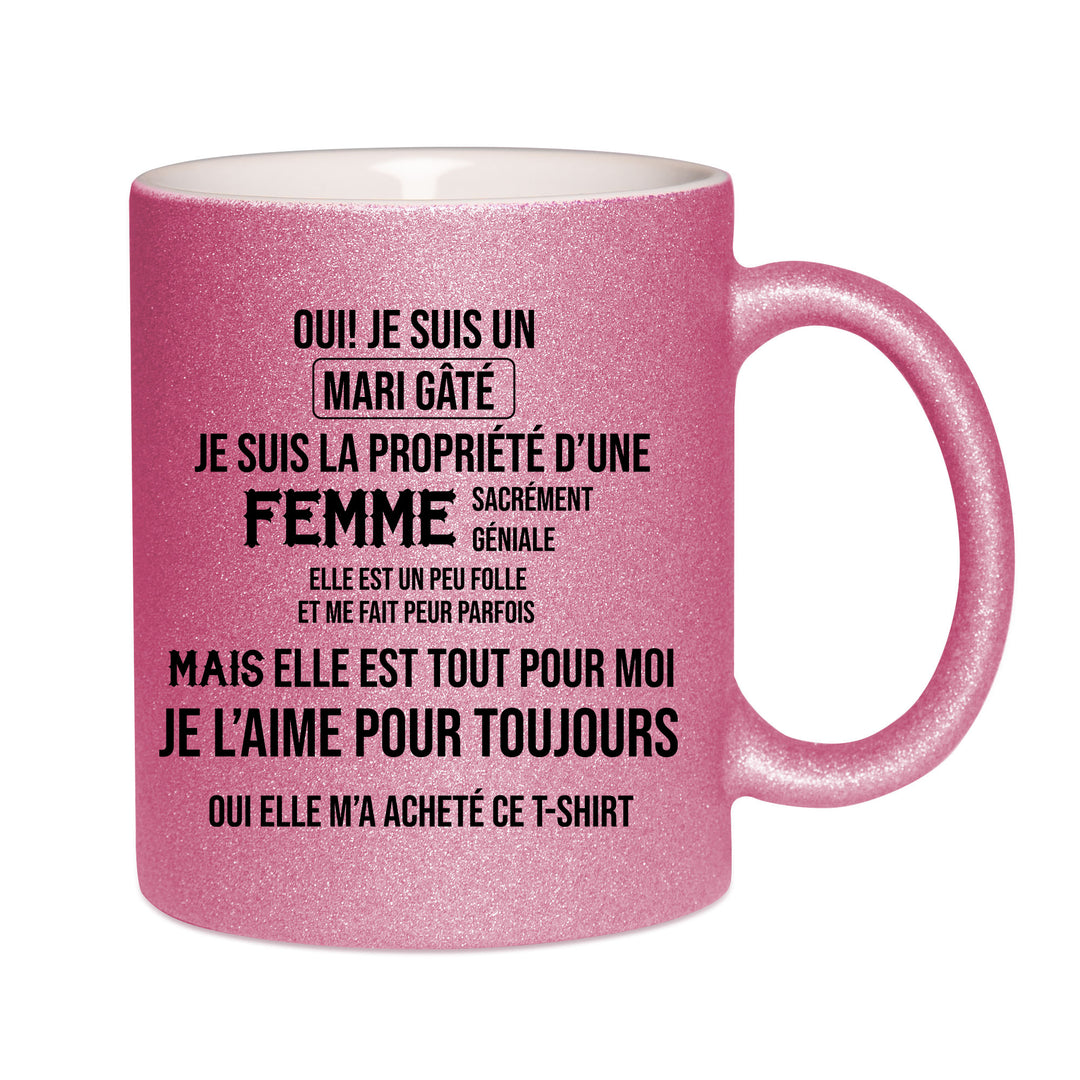 Mug paillettes rose personnalisé Je suis un mari gate