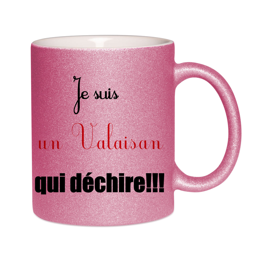 Mug paillettes rose personnalisé Je suis un valaisan qui dechire