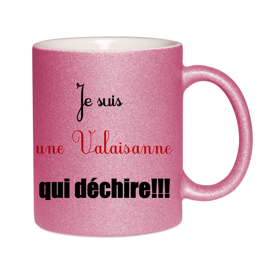 Mug paillettes rose personnalisé Je suis une Valaisanne qui dechire