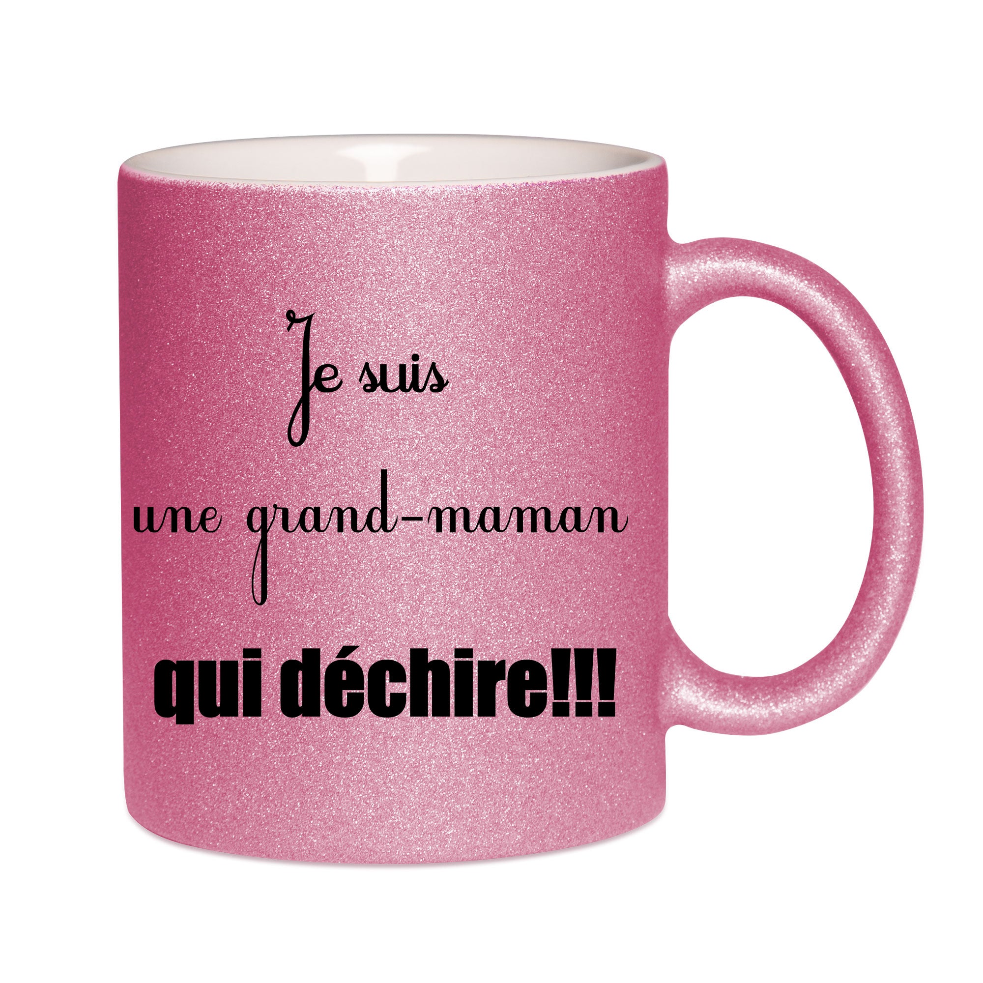 Mug paillettes rose personnalisé Je suis une grand-maman qui dechire