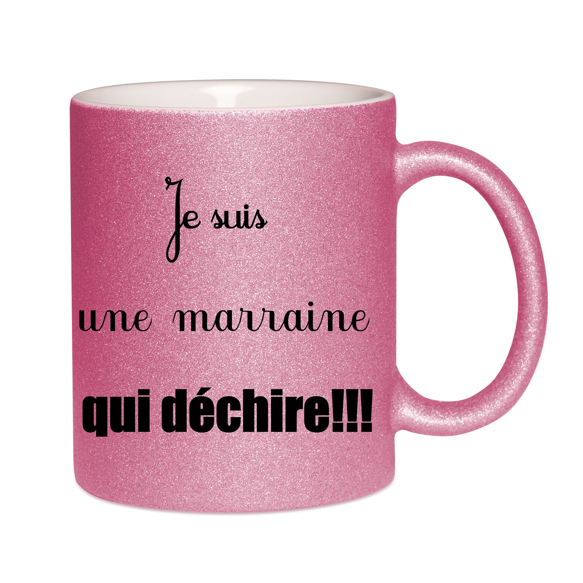 Mug paillettes rose personnalisé Je suis une marraine qui dechire
