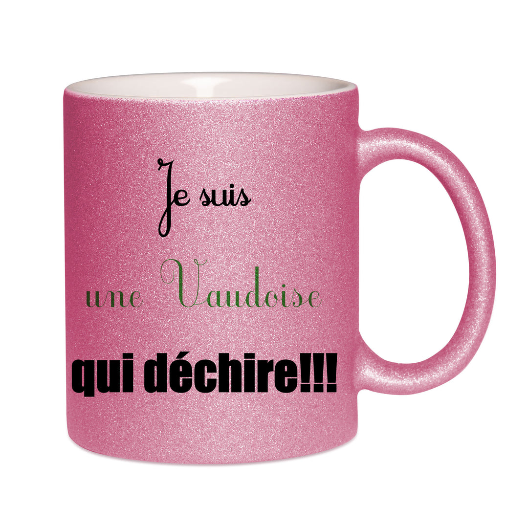 Mug paillettes rose personnalisé Je suis une vaudoise qui dechire