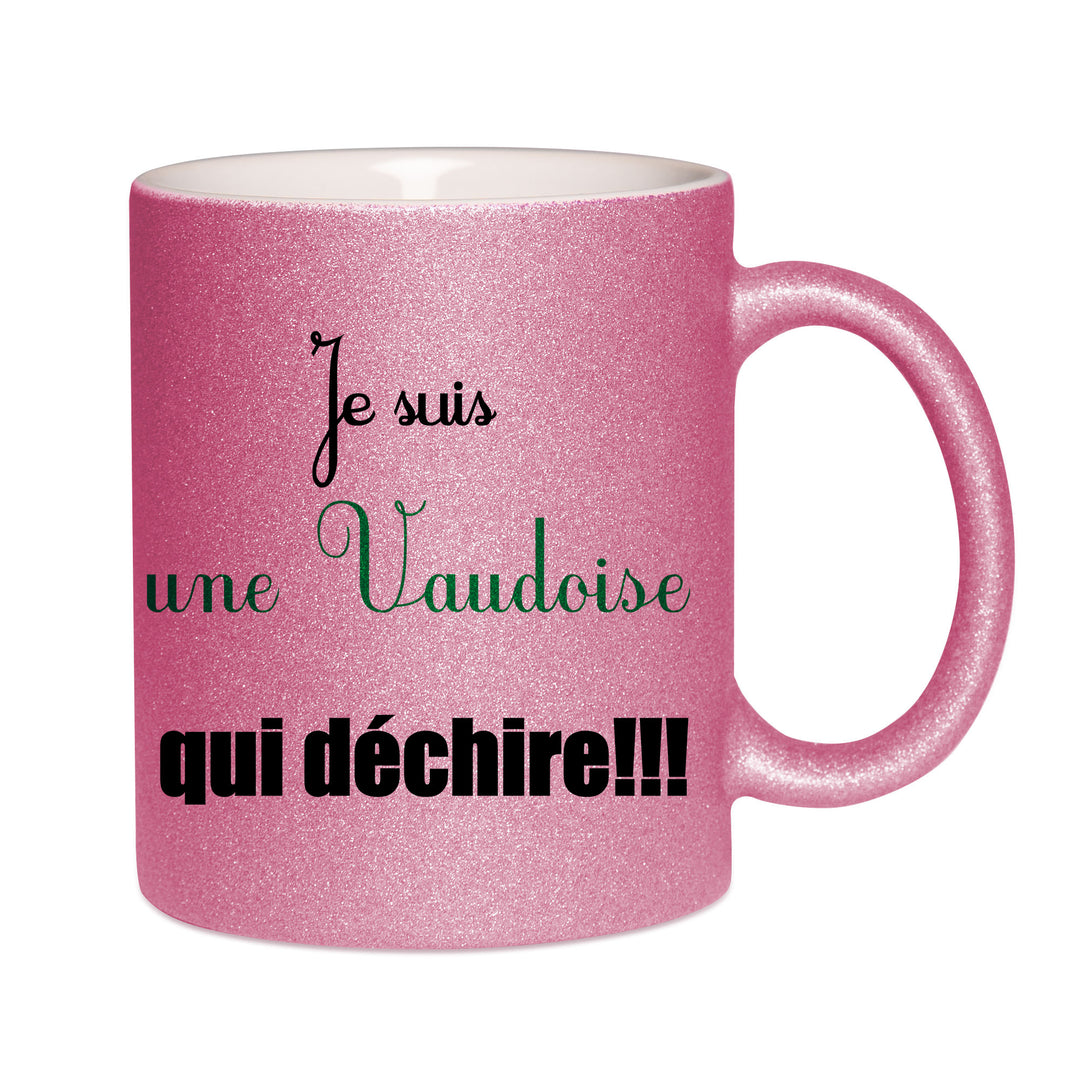 Mug paillettes rose personnalisé Je suis une vaudoise qui déchire