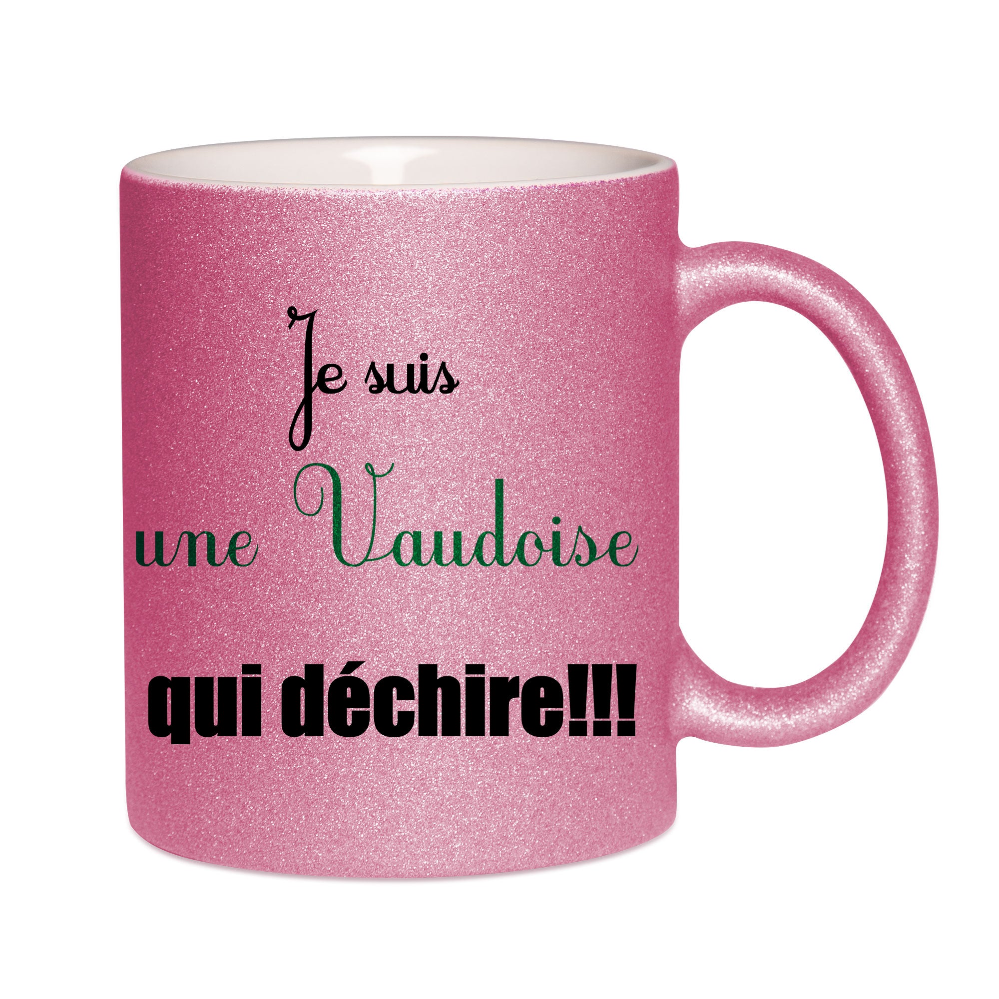 Mug paillettes rose personnalisé Je suis une vaudoise qui déchire