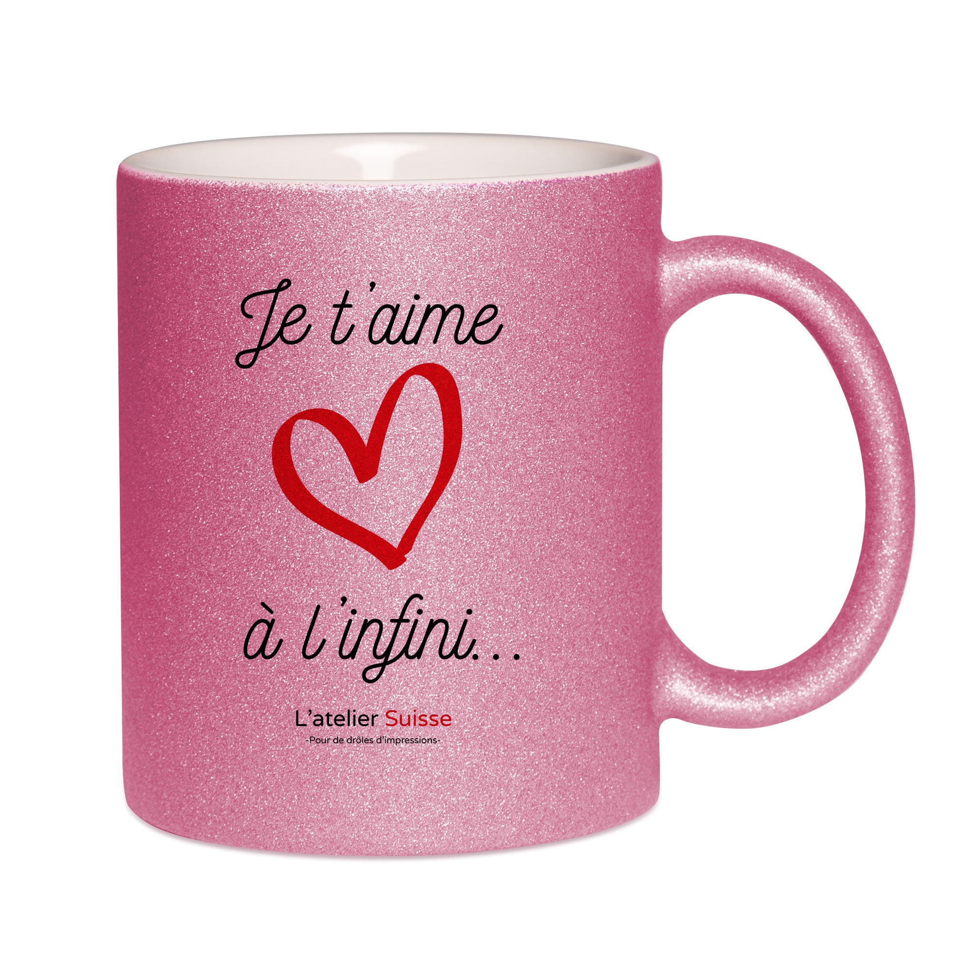 Mug paillettes rose personnalisé Je t'aime à l'infini