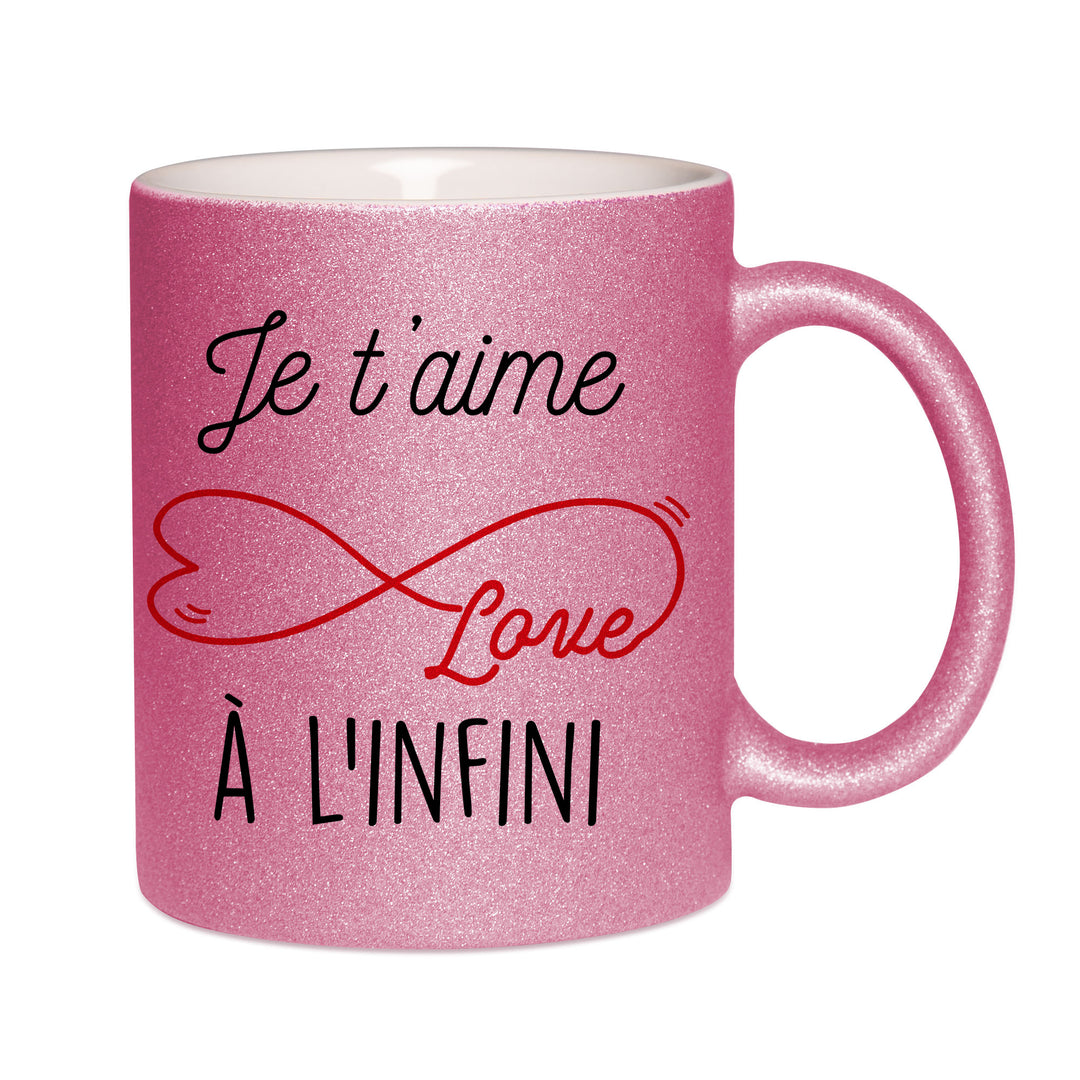 Mug paillettes rose personnalisé Je t'aime à l'infini V2