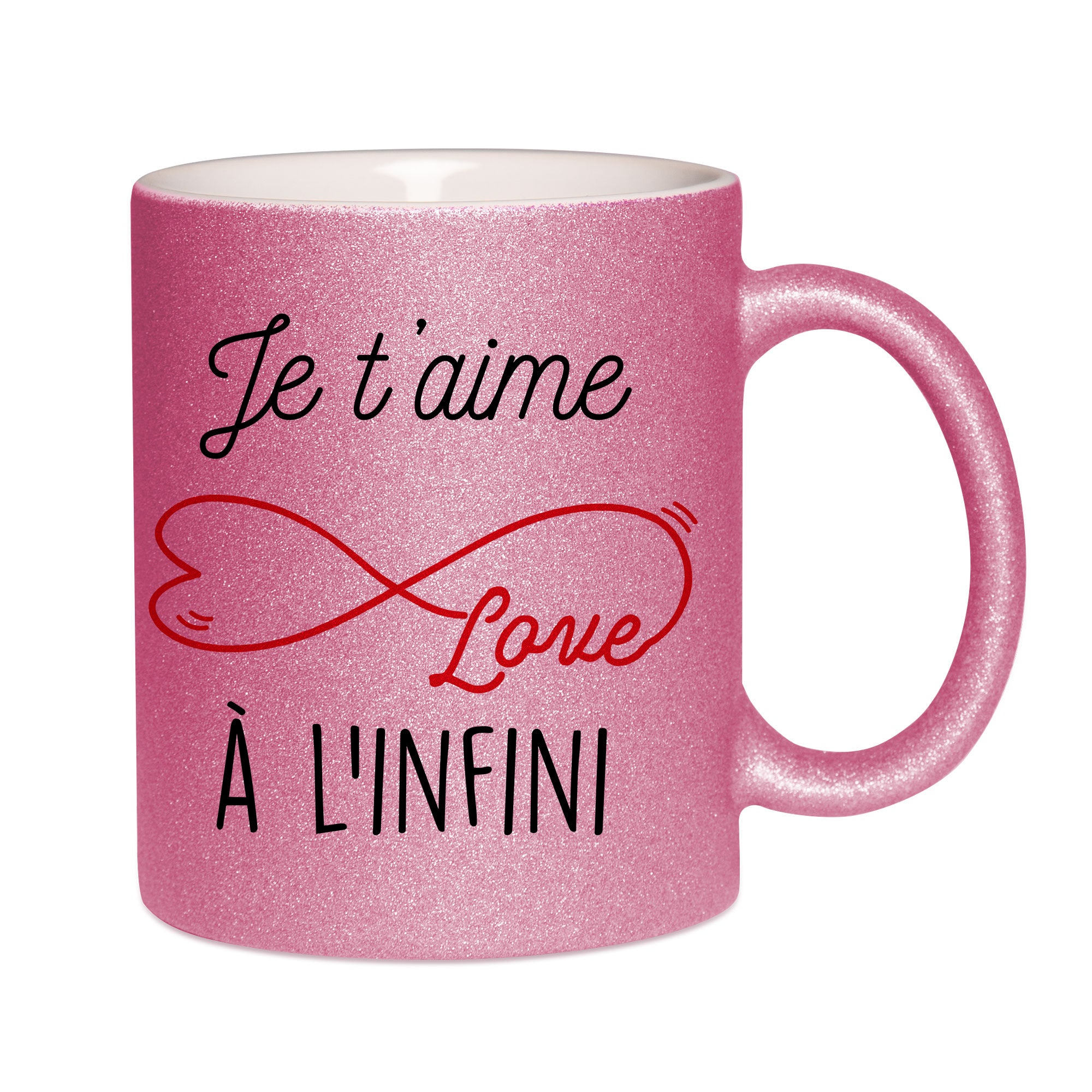 Mug paillettes rose personnalisé Je t'aime à l'infini V2