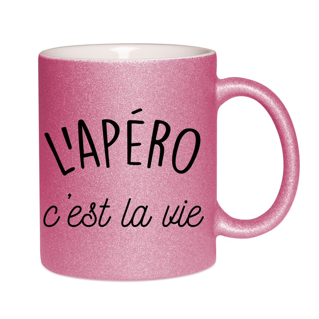 Mug paillettes rose personnalisé L'apero c'est la vie