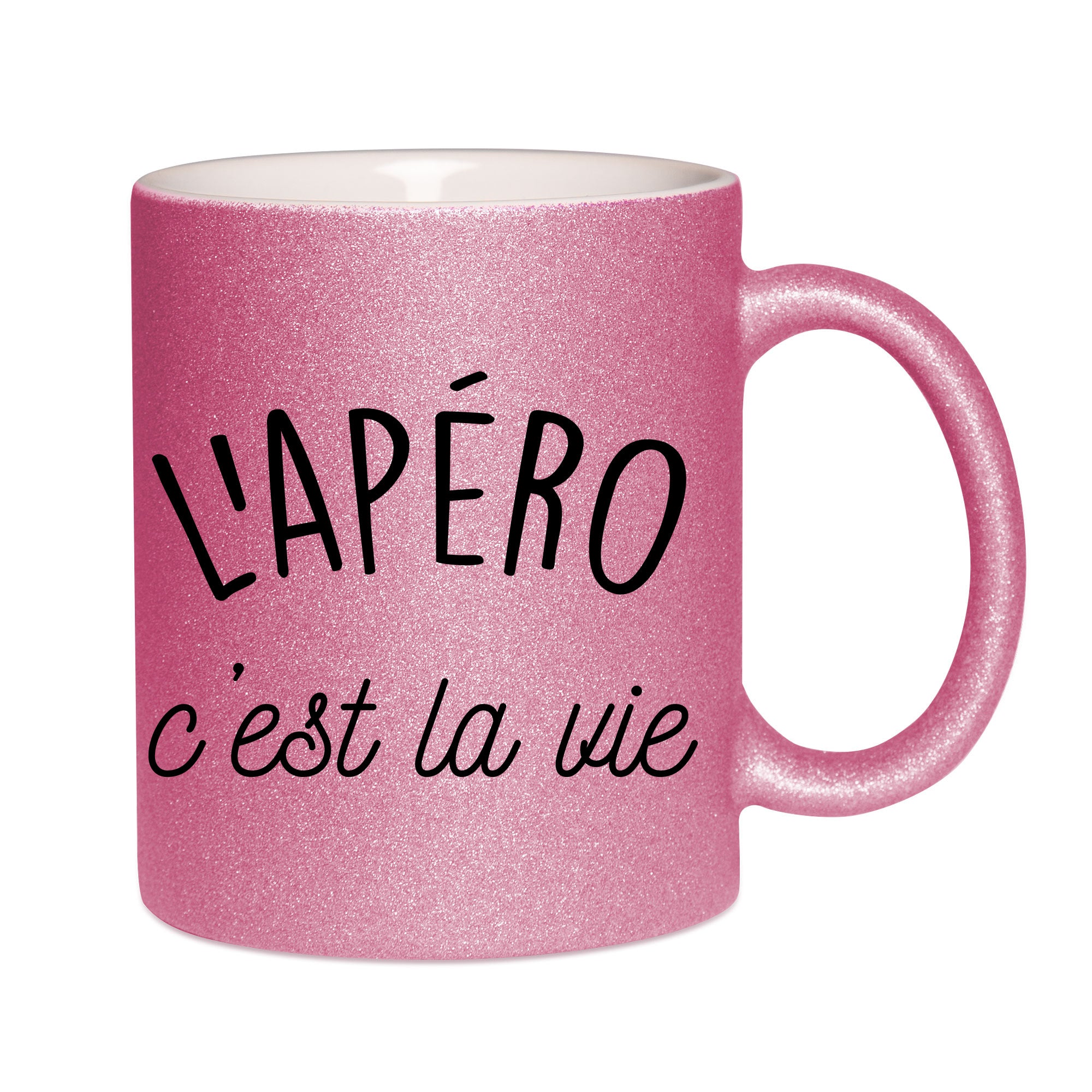 Mug paillettes rose personnalisé L'apero c'est la vie