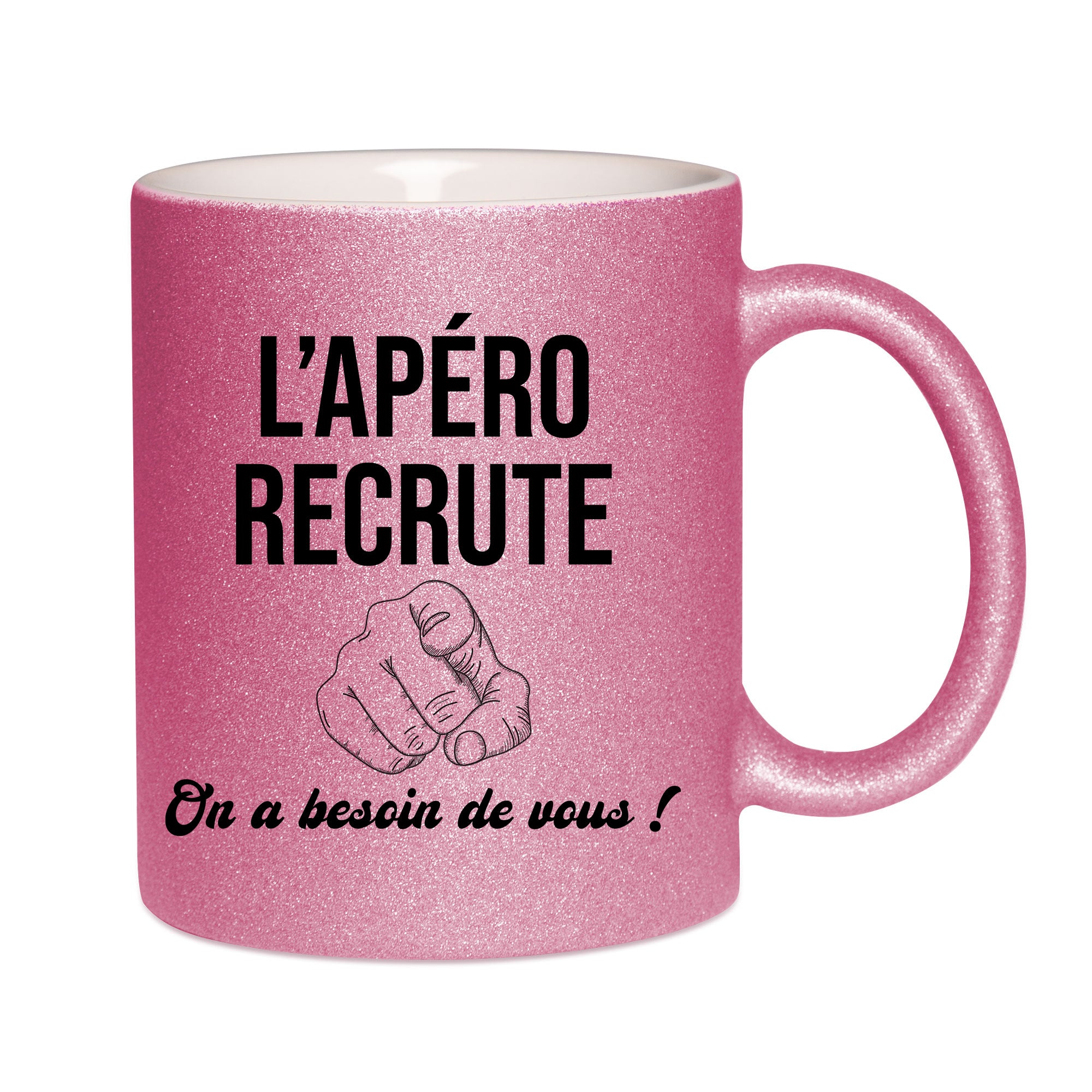 Mug paillettes rose personnalisé L'apéro recrute on a besoin de vous