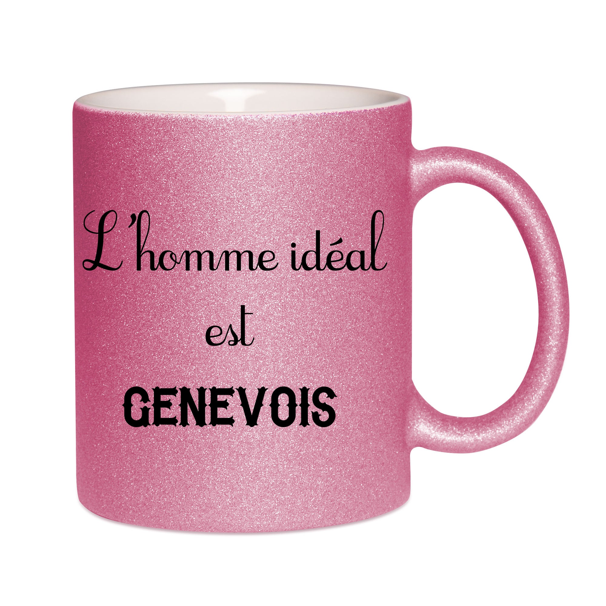 Mug paillettes rose personnalisé L'homme ideal Genevois