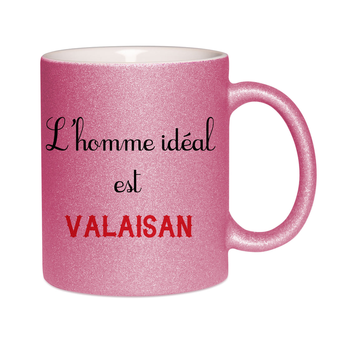 Mug paillettes rose personnalisé L'homme ideal Valaisan