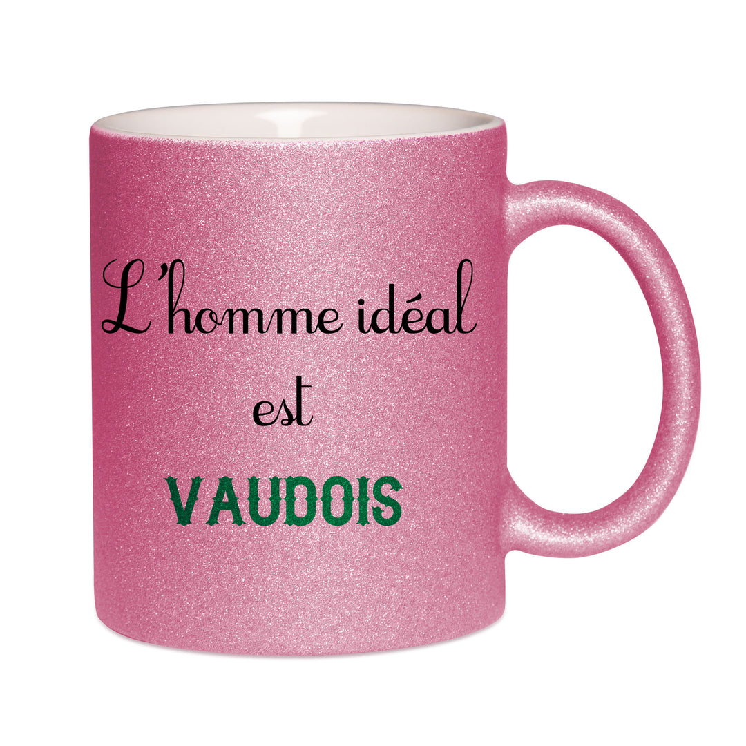 Mug paillettes rose personnalisé L'homme ideal Vaudois