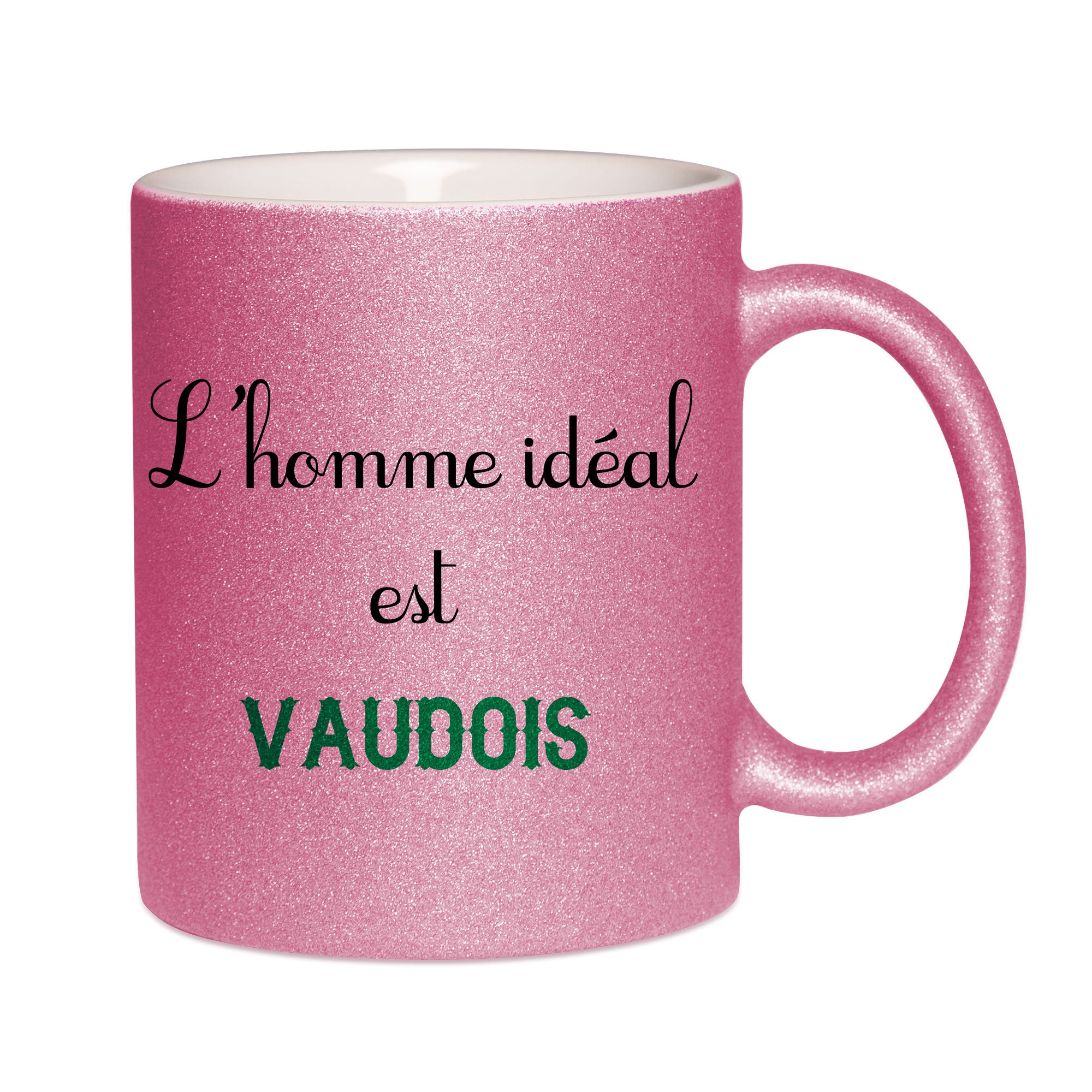 Mug paillettes rose personnalisé L'homme ideal Vaudois