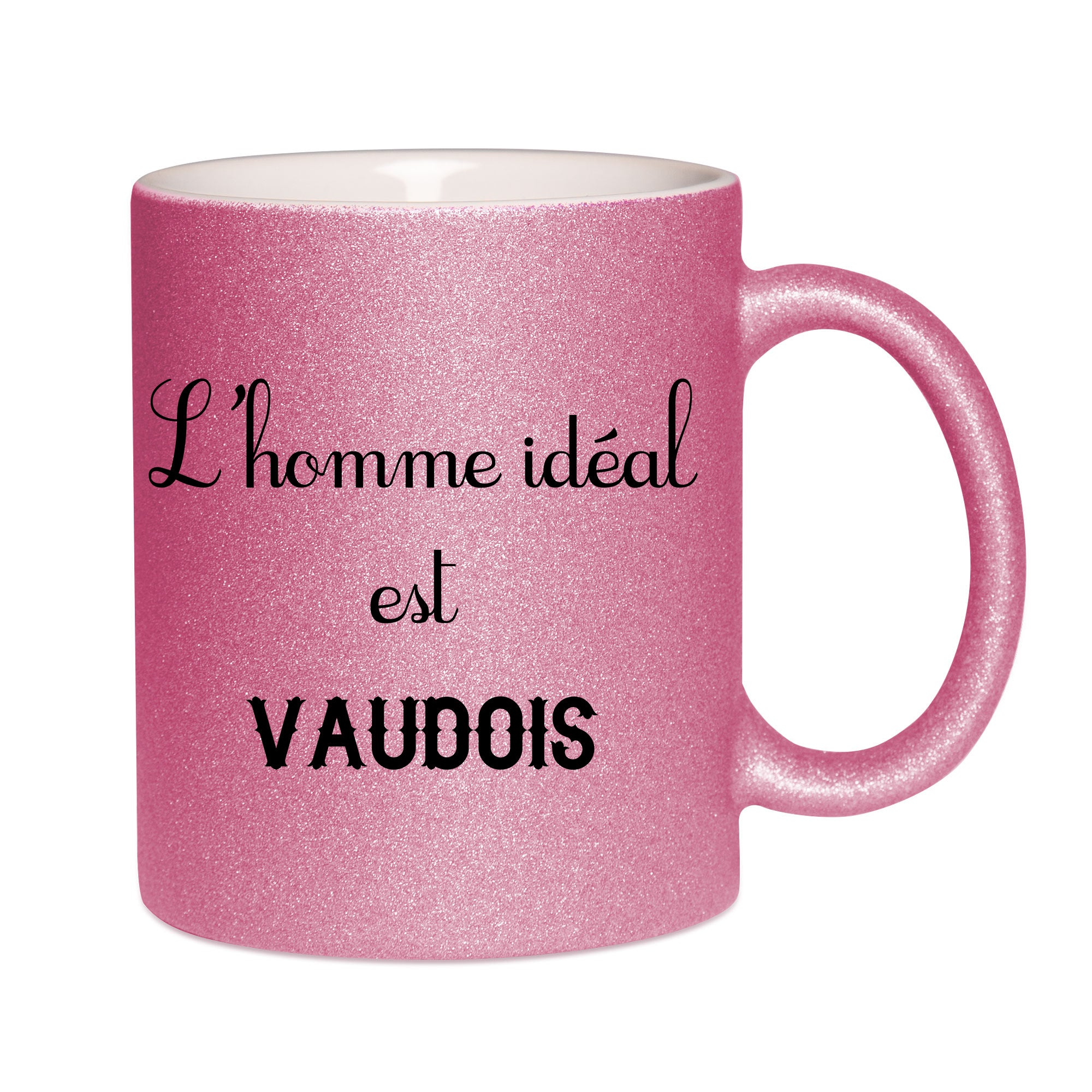 Mug paillettes rose personnalisé L'homme ideal Vaudois 2